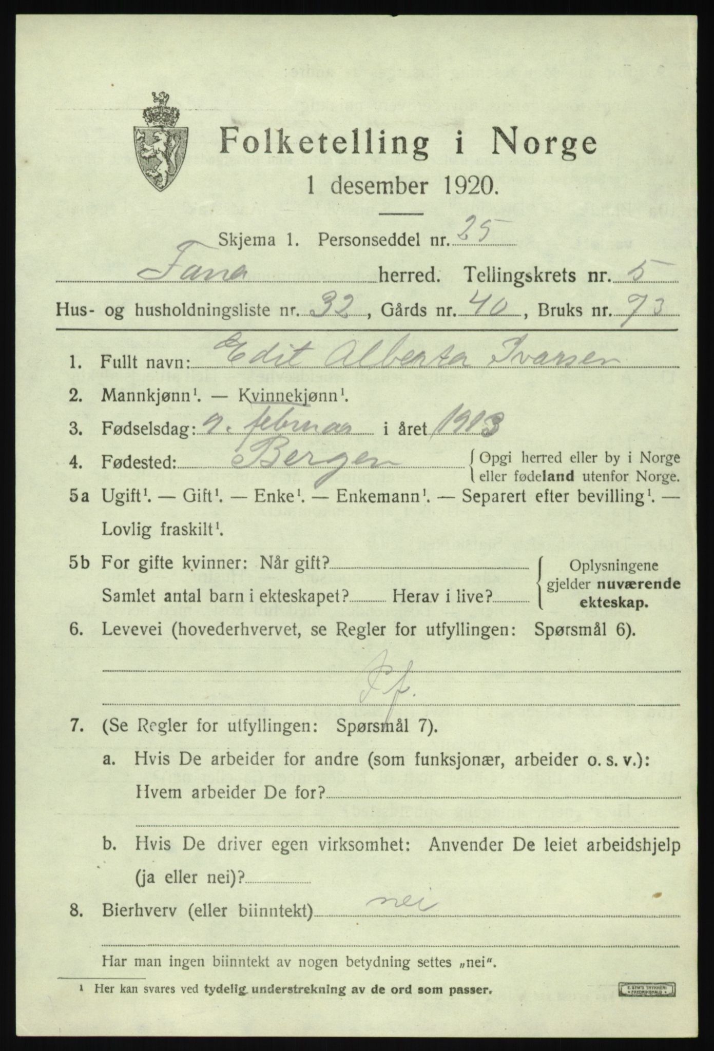 SAB, Folketelling 1920 for 1249 Fana herred, 1920, s. 7459