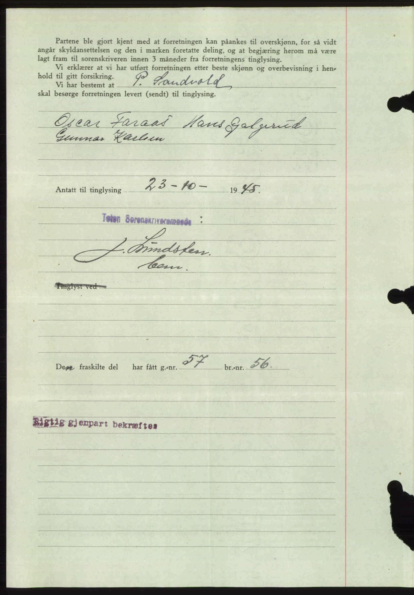 Toten tingrett, SAH/TING-006/H/Hb/Hbc/L0013: Pantebok nr. Hbc-13, 1945-1945, Dagboknr: 1425/1945