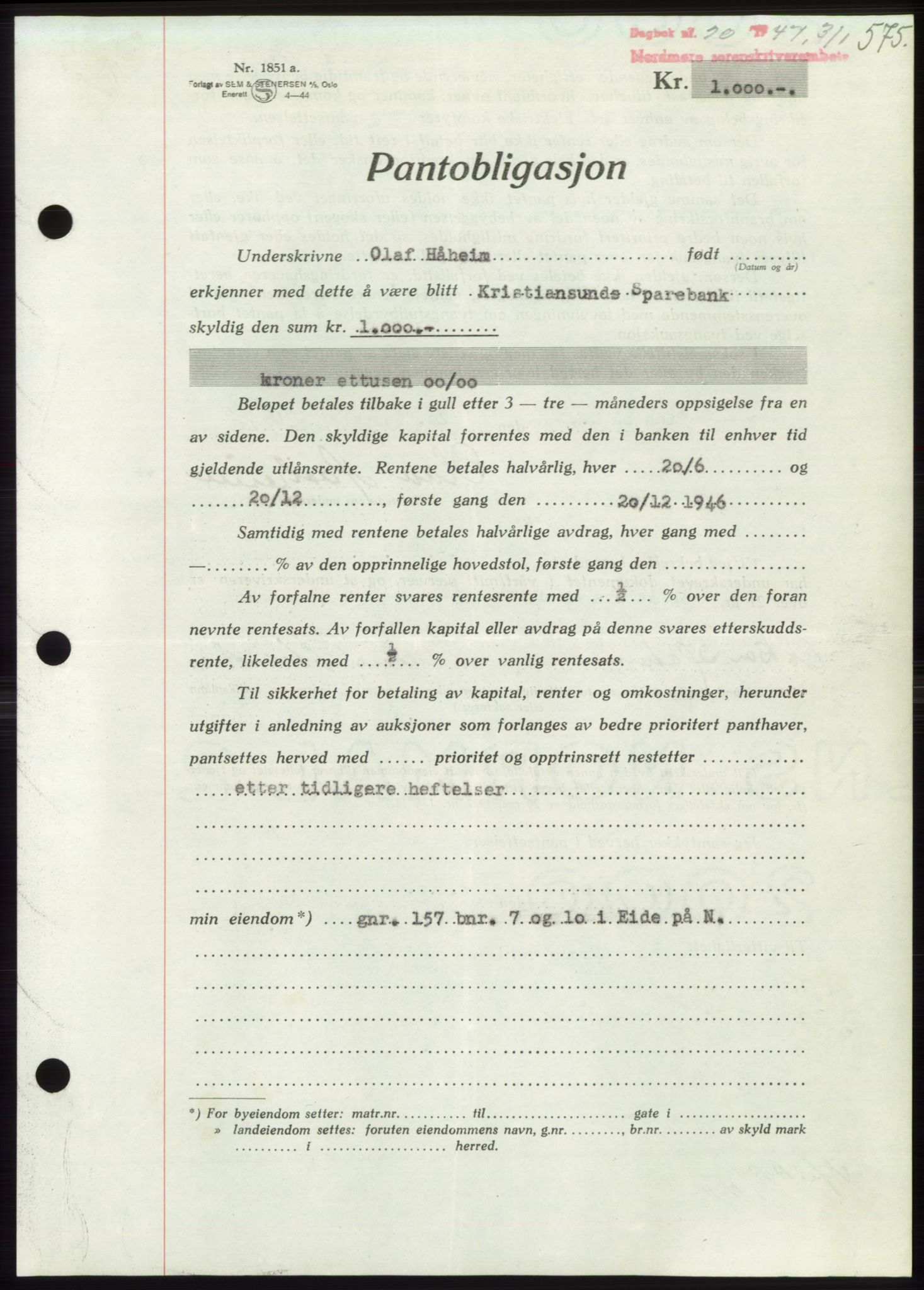 Nordmøre sorenskriveri, AV/SAT-A-4132/1/2/2Ca: Pantebok nr. B95, 1946-1947, Dagboknr: 20/1947