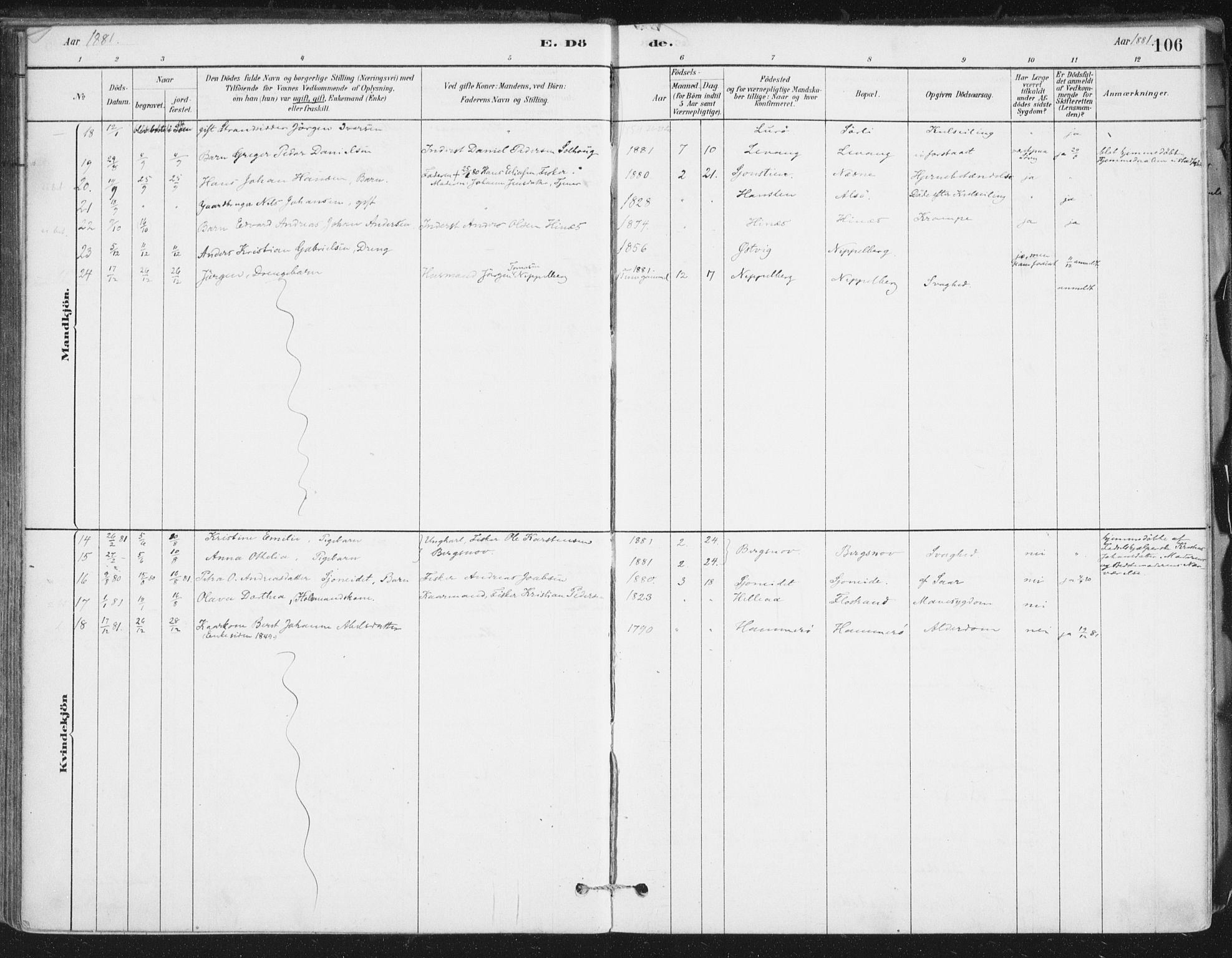 Ministerialprotokoller, klokkerbøker og fødselsregistre - Nordland, SAT/A-1459/838/L0553: Ministerialbok nr. 838A11, 1880-1910, s. 106