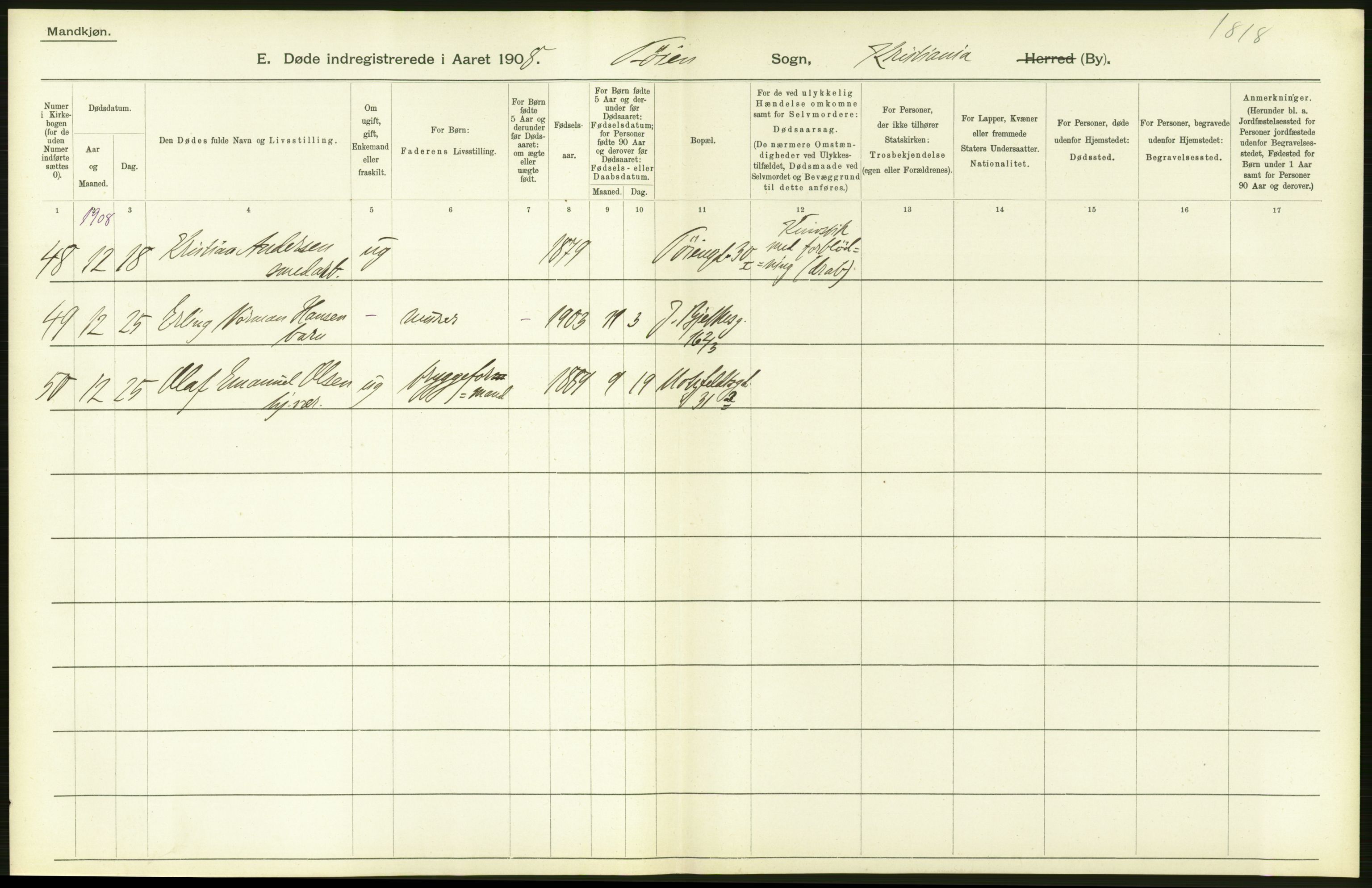 Statistisk sentralbyrå, Sosiodemografiske emner, Befolkning, AV/RA-S-2228/D/Df/Dfa/Dfaf/L0009: Kristiania: Døde, dødfødte., 1908, s. 30