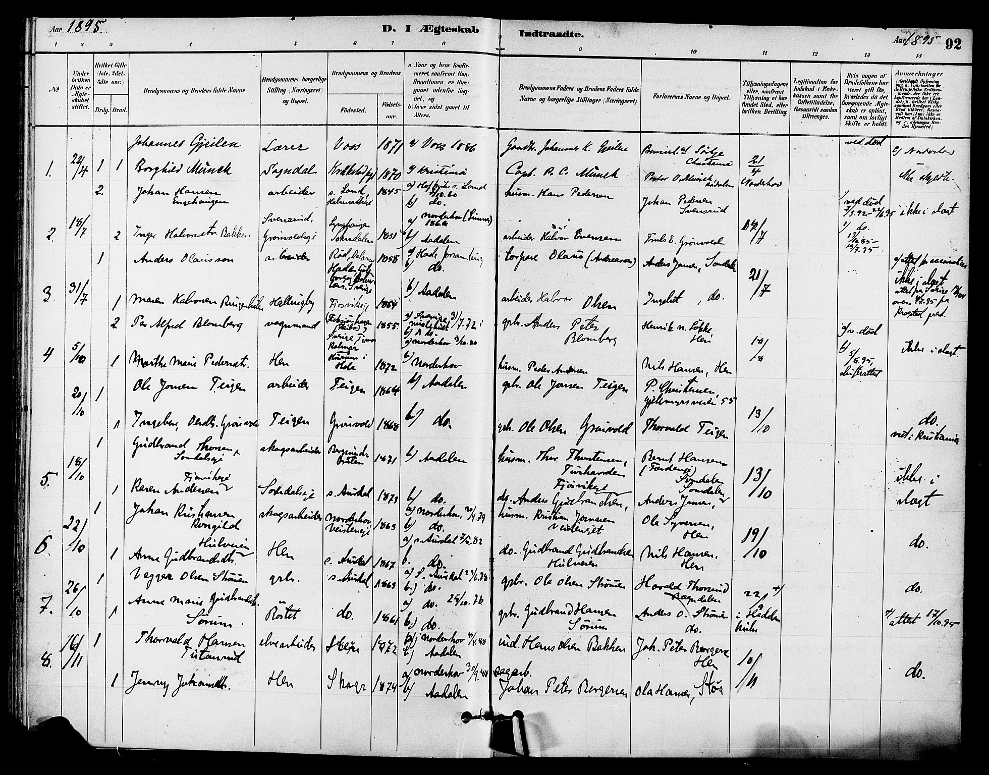 Ådal kirkebøker, AV/SAKO-A-248/F/Fb/L0001: Ministerialbok nr. II 1, 1884-1897, s. 92