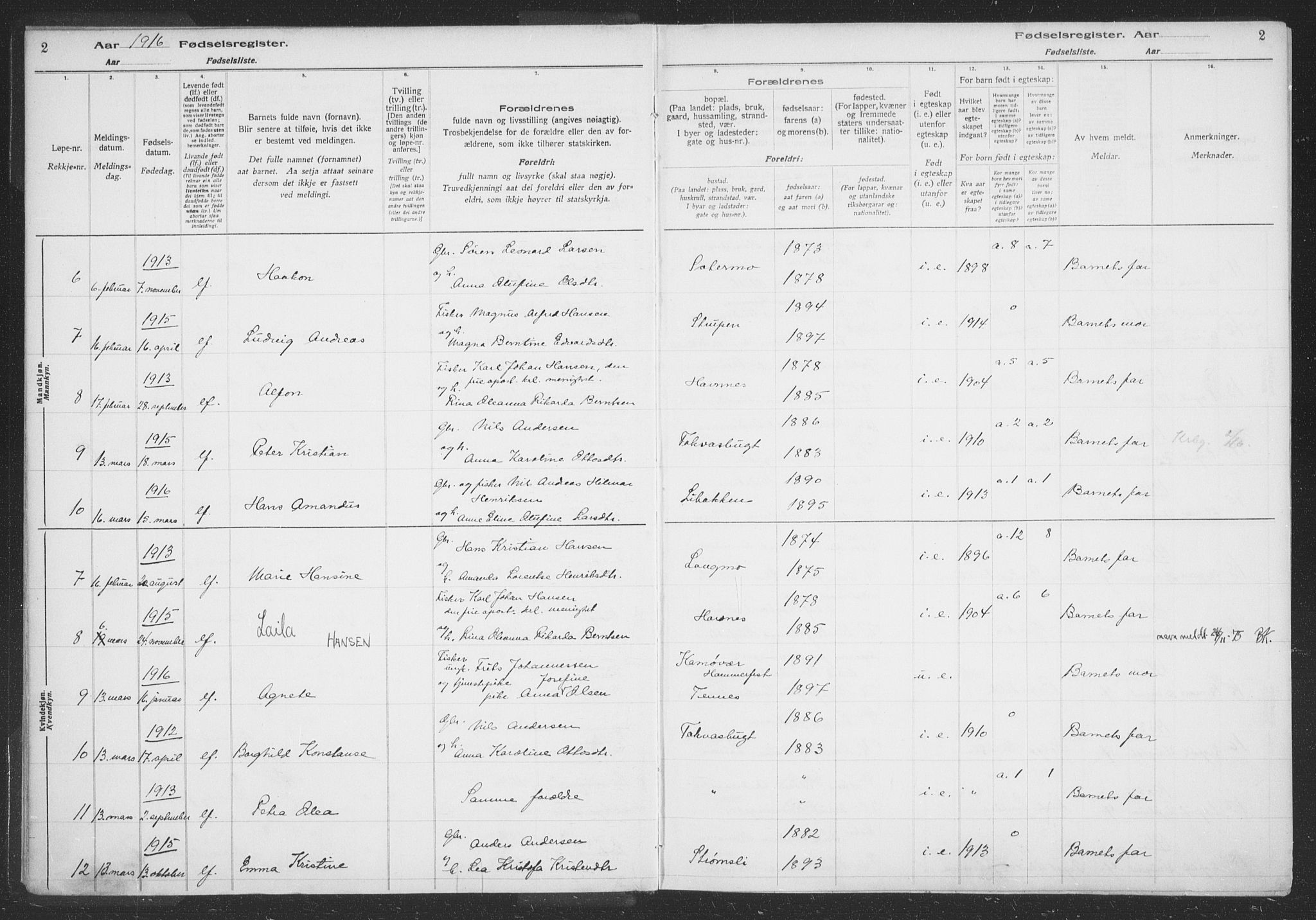 Balsfjord sokneprestembete, AV/SATØ-S-1303/H/Hb/L0059: Fødselsregister nr. 59, 1916-1930, s. 2