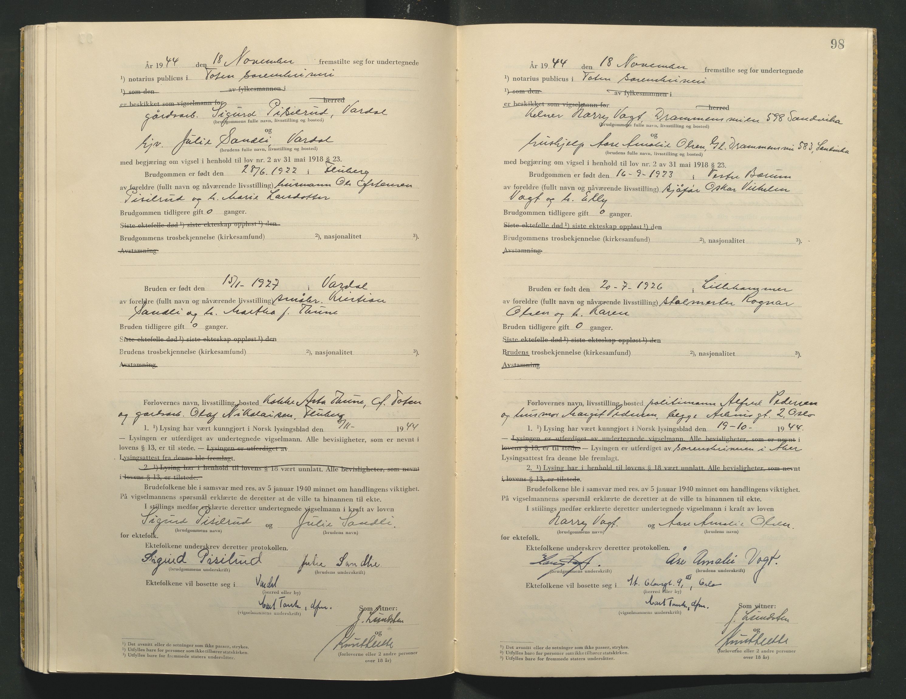 Toten tingrett, AV/SAH-TING-006/L/Lc/L0004: Vigselbok, 1944, s. 98