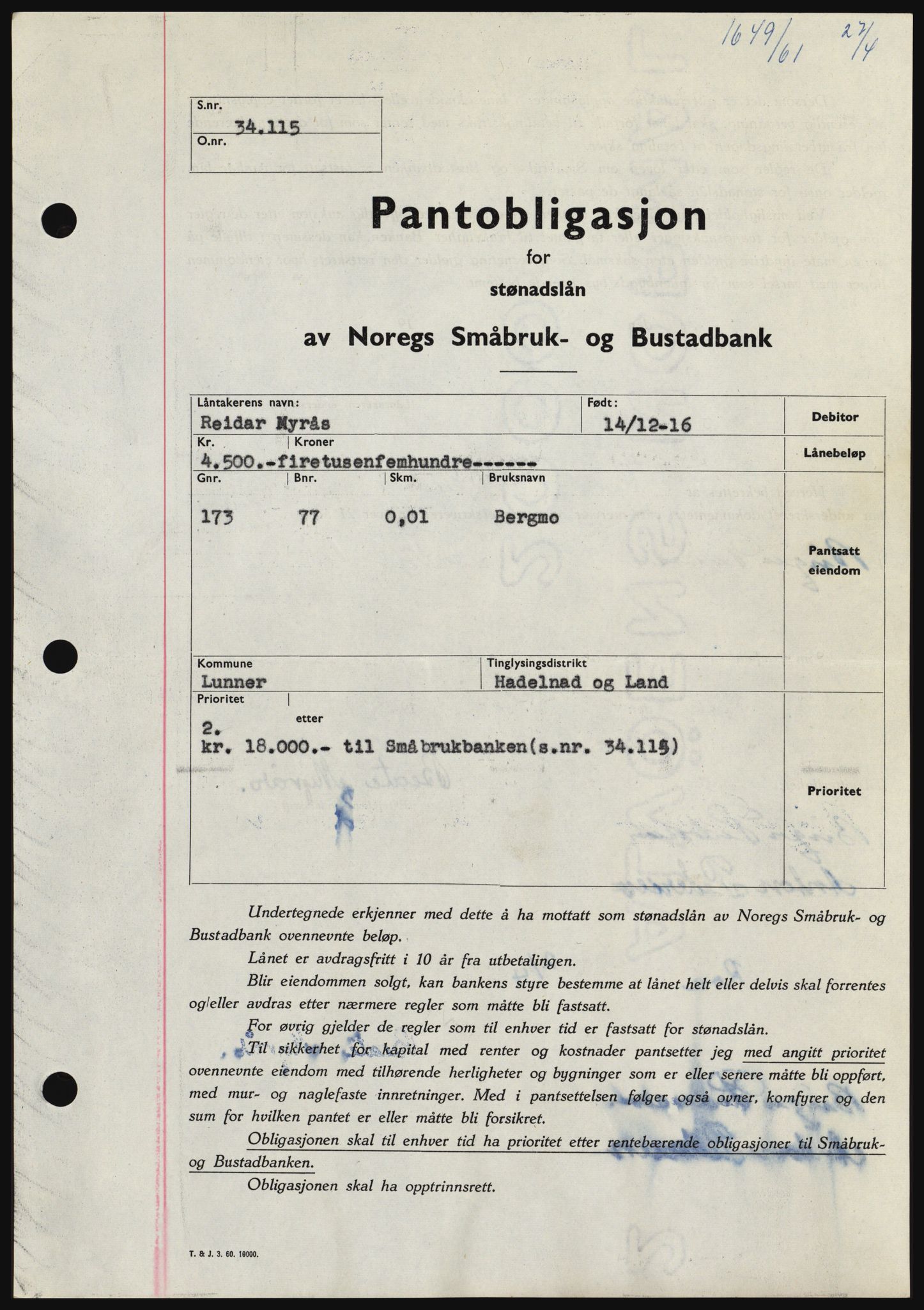 Hadeland og Land tingrett, SAH/TING-010/H/Hb/Hbc/L0045: Pantebok nr. B45, 1961-1961, Dagboknr: 1649/1961