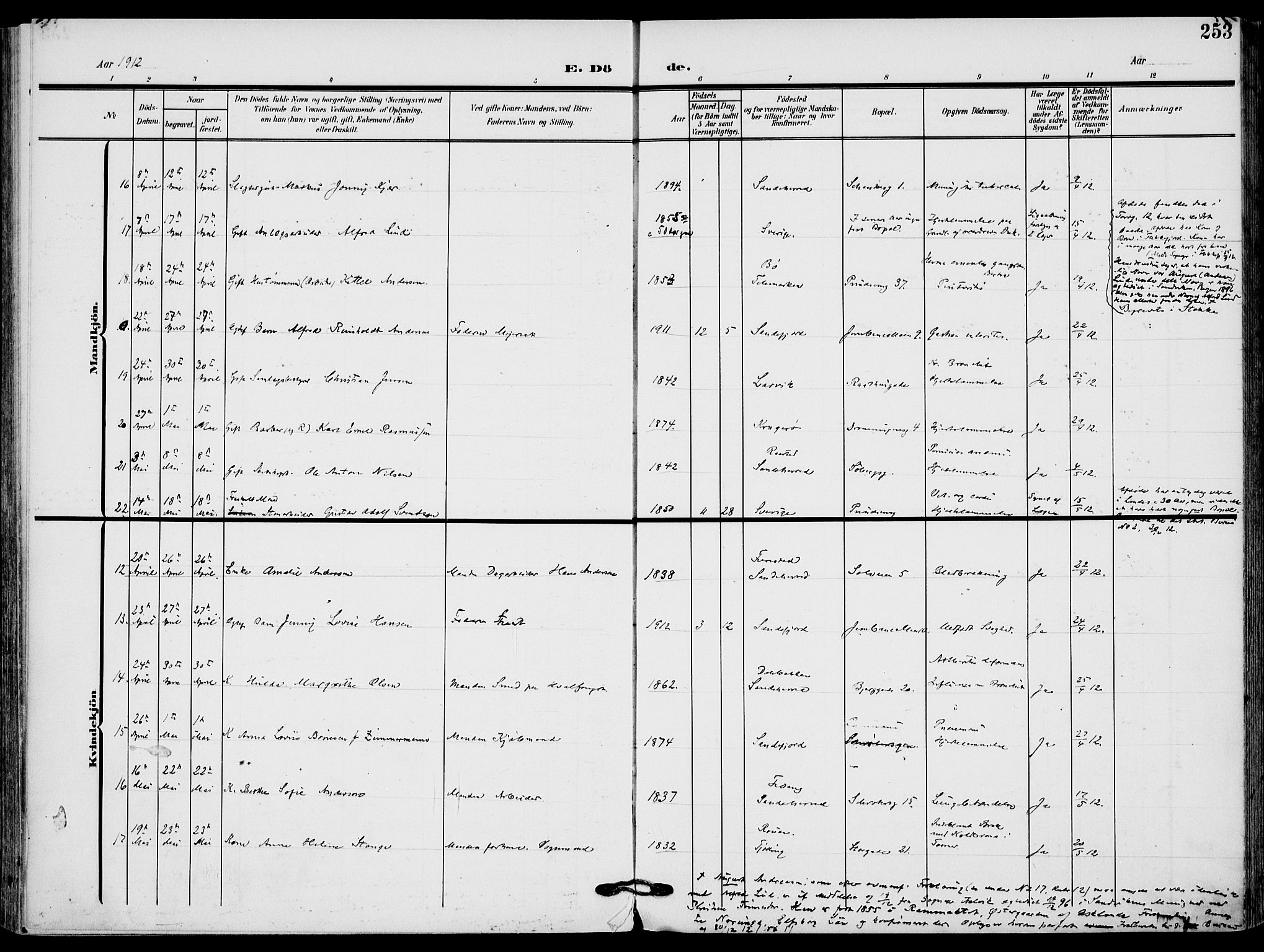 Sandefjord kirkebøker, AV/SAKO-A-315/F/Fa/L0005: Ministerialbok nr. 5, 1906-1915, s. 253