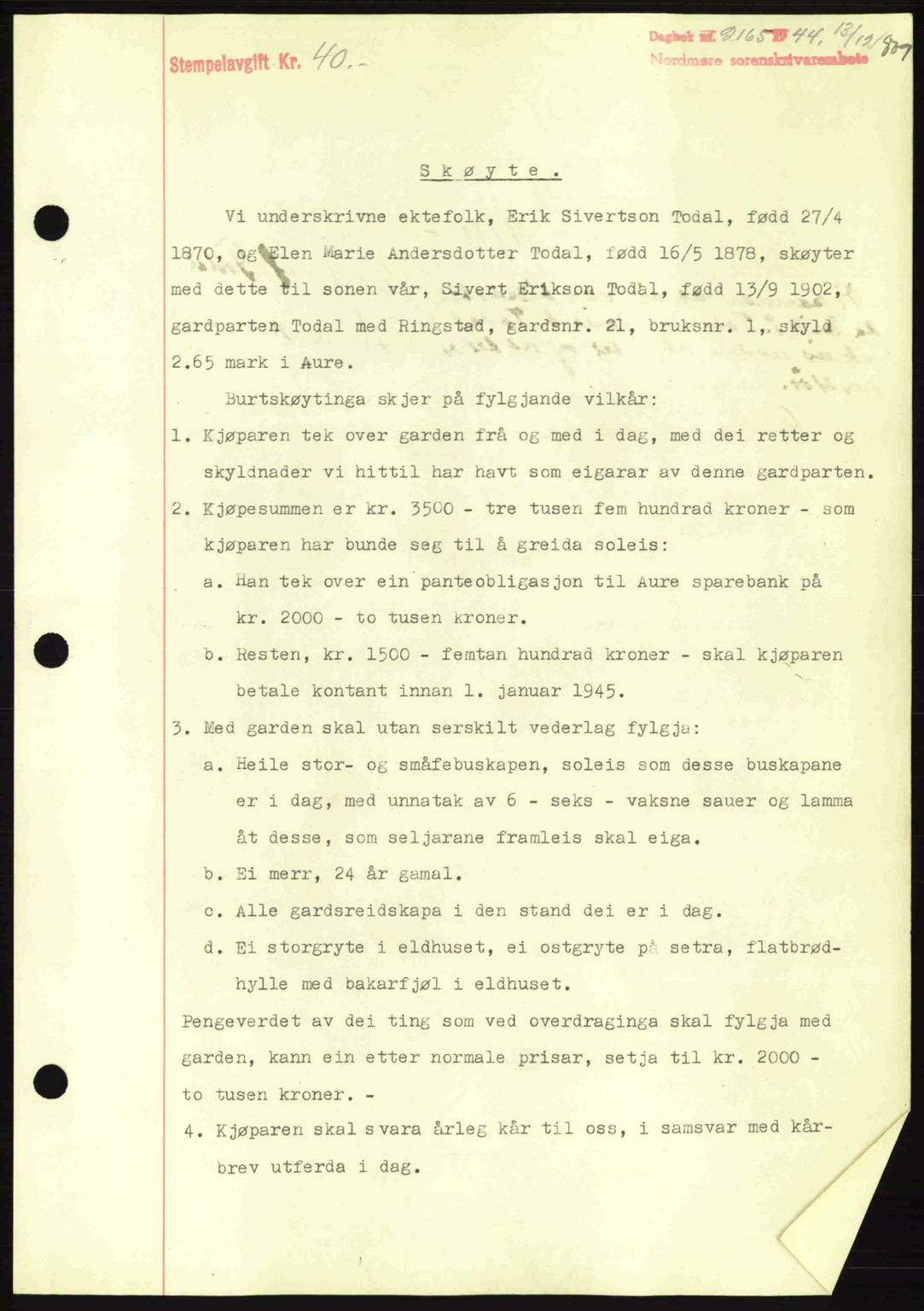 Nordmøre sorenskriveri, SAT/A-4132/1/2/2Ca: Pantebok nr. A98, 1944-1944, Dagboknr: 2165/1944