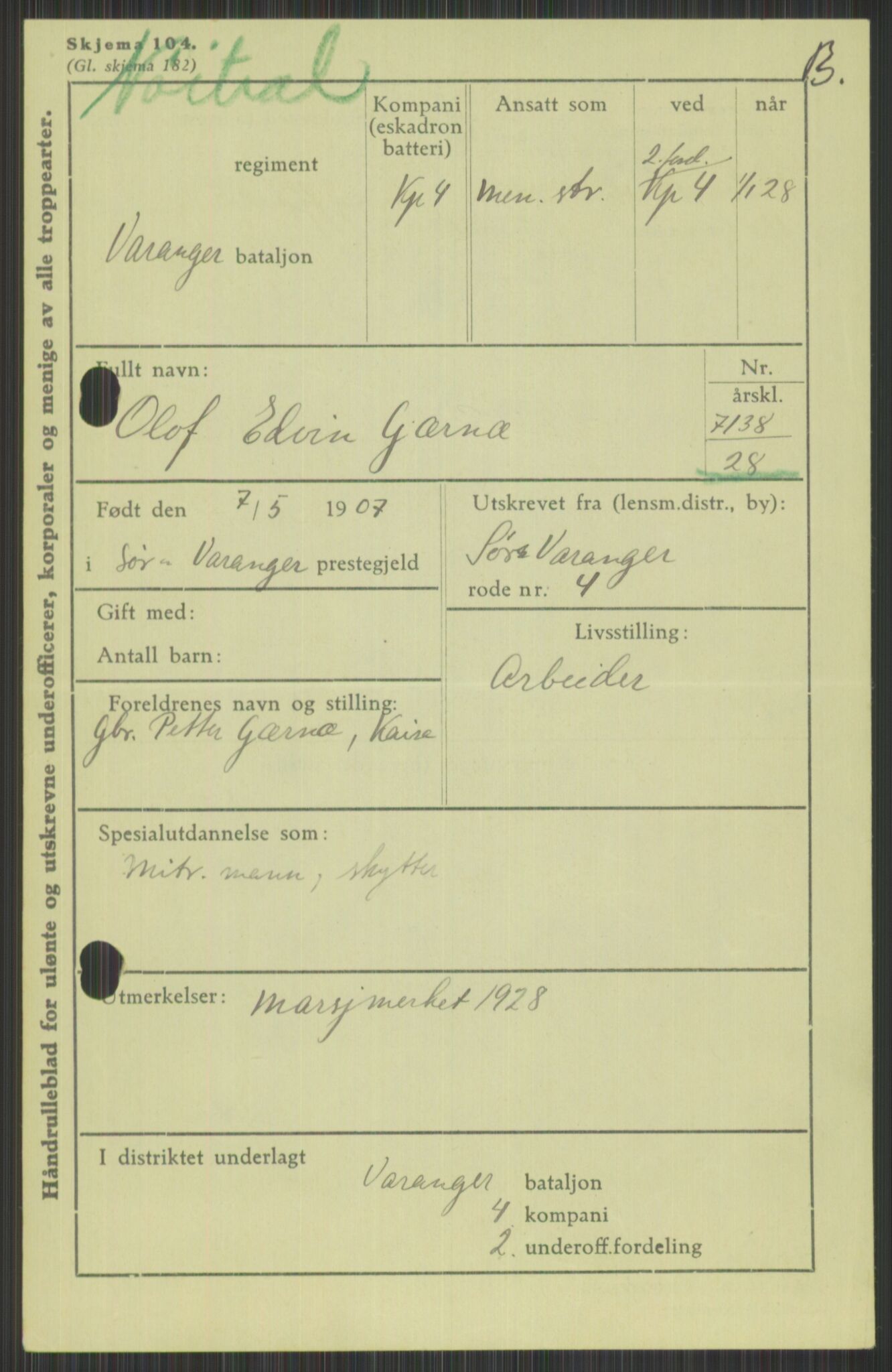 Forsvaret, Varanger bataljon, AV/RA-RAFA-2258/1/D/L0440: Rulleblad for fødte 1892-1912, 1892-1912, s. 913