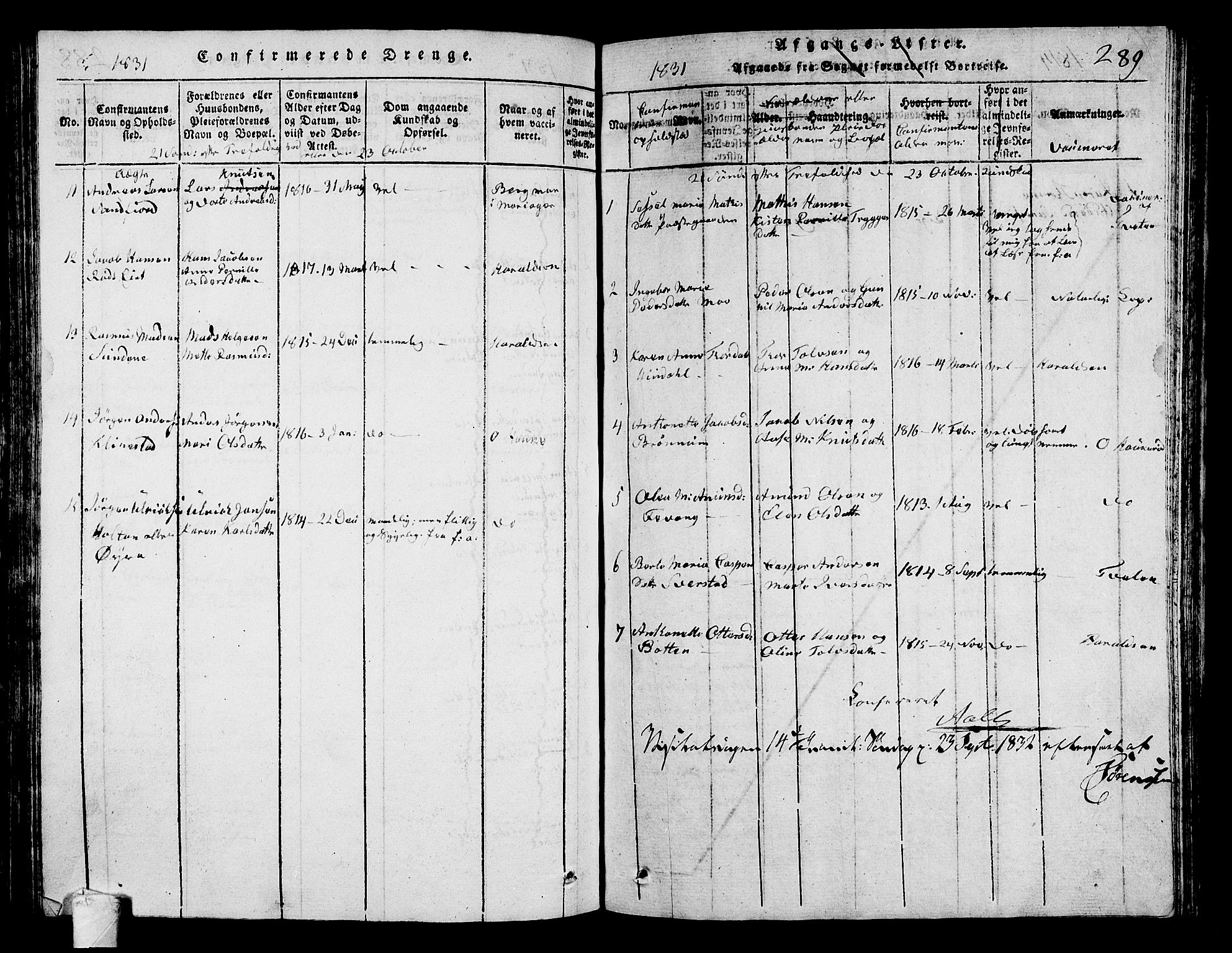 Sandar kirkebøker, AV/SAKO-A-243/G/Ga/L0001: Klokkerbok nr. 1, 1814-1835, s. 289