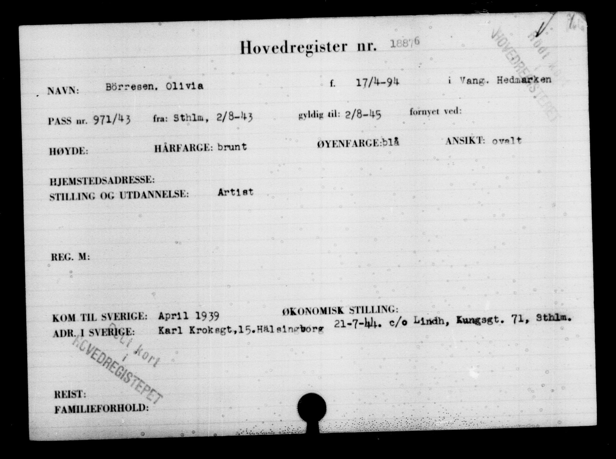 Utenriksstasjonene, Legasjonen i Stockholm, Flyktningkontoret, AV/RA-S-6753/V/Va/L0009: Kjesäterkartoteket, flyktninger med registreringsnr. 18502-22048, 1940-1945, s. 445