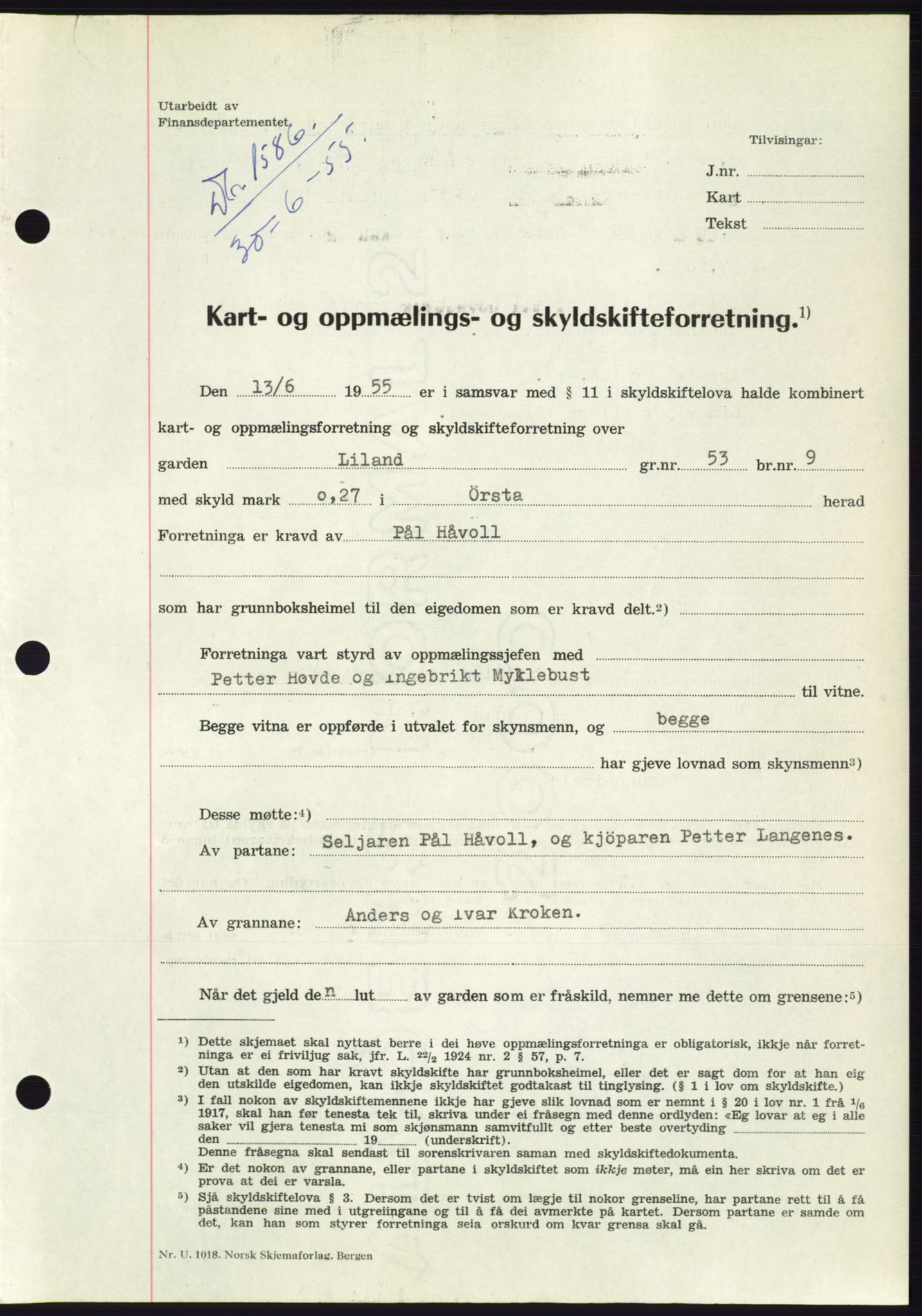 Søre Sunnmøre sorenskriveri, AV/SAT-A-4122/1/2/2C/L0101: Pantebok nr. 27A, 1955-1955, Dagboknr: 1586/1955