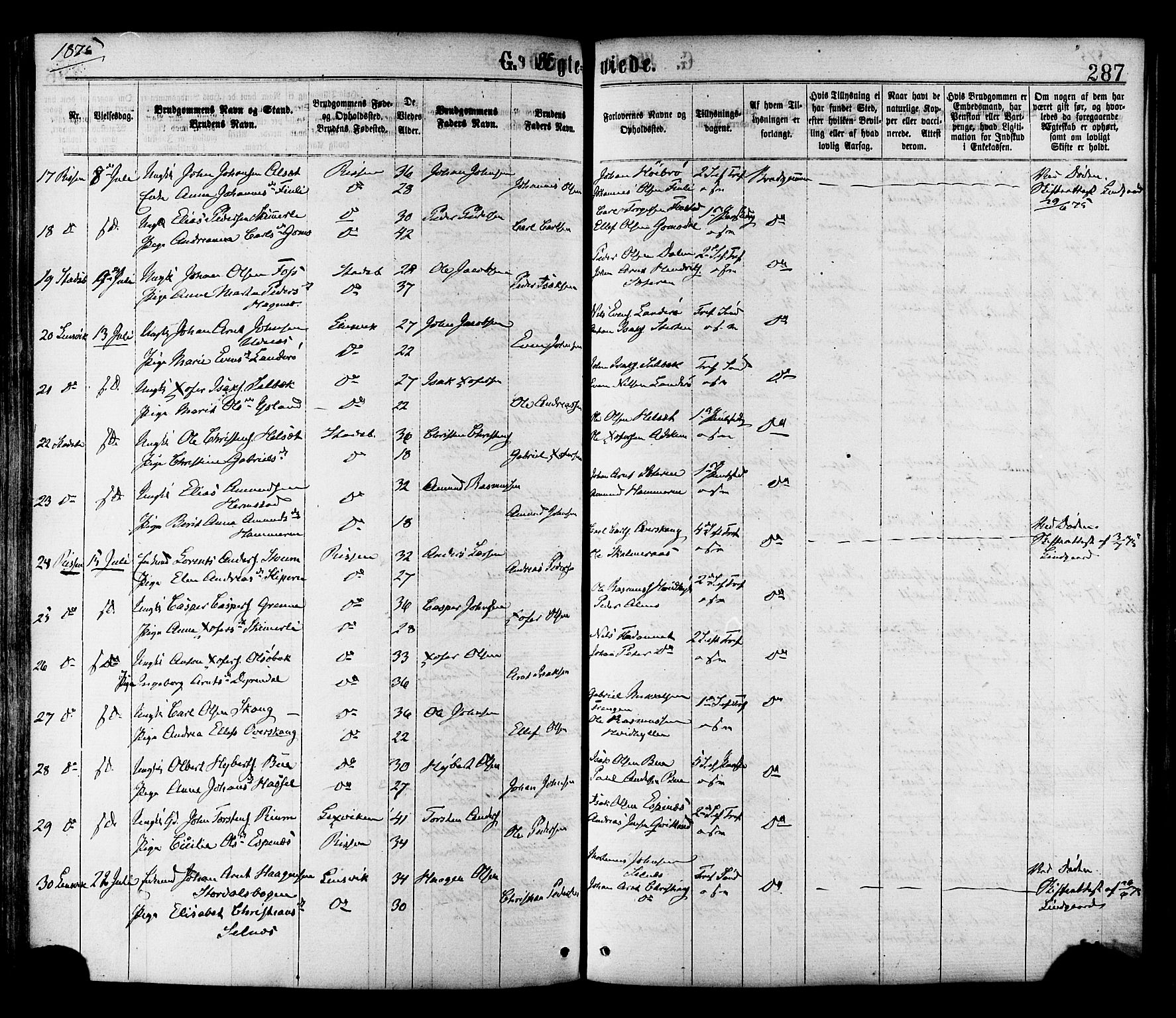 Ministerialprotokoller, klokkerbøker og fødselsregistre - Sør-Trøndelag, AV/SAT-A-1456/646/L0613: Ministerialbok nr. 646A11, 1870-1884, s. 287