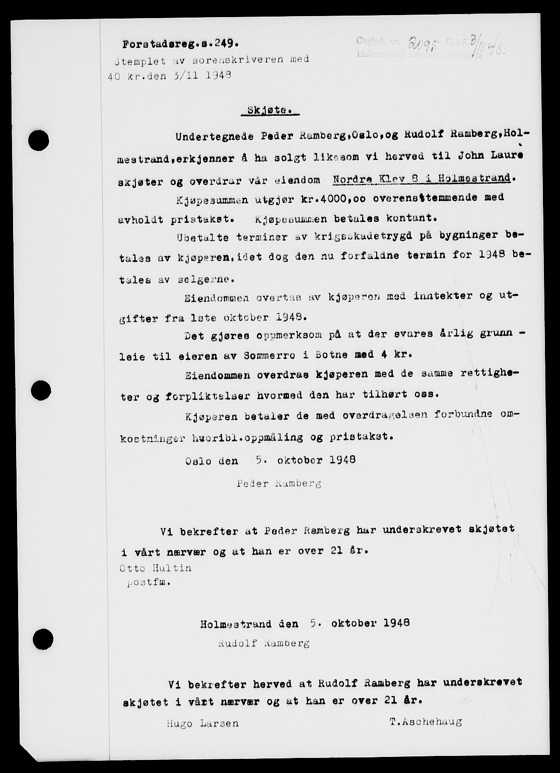 Holmestrand sorenskriveri, SAKO/A-67/G/Ga/Gaa/L0065: Pantebok nr. A-65, 1948-1949, Dagboknr: 2095/1948