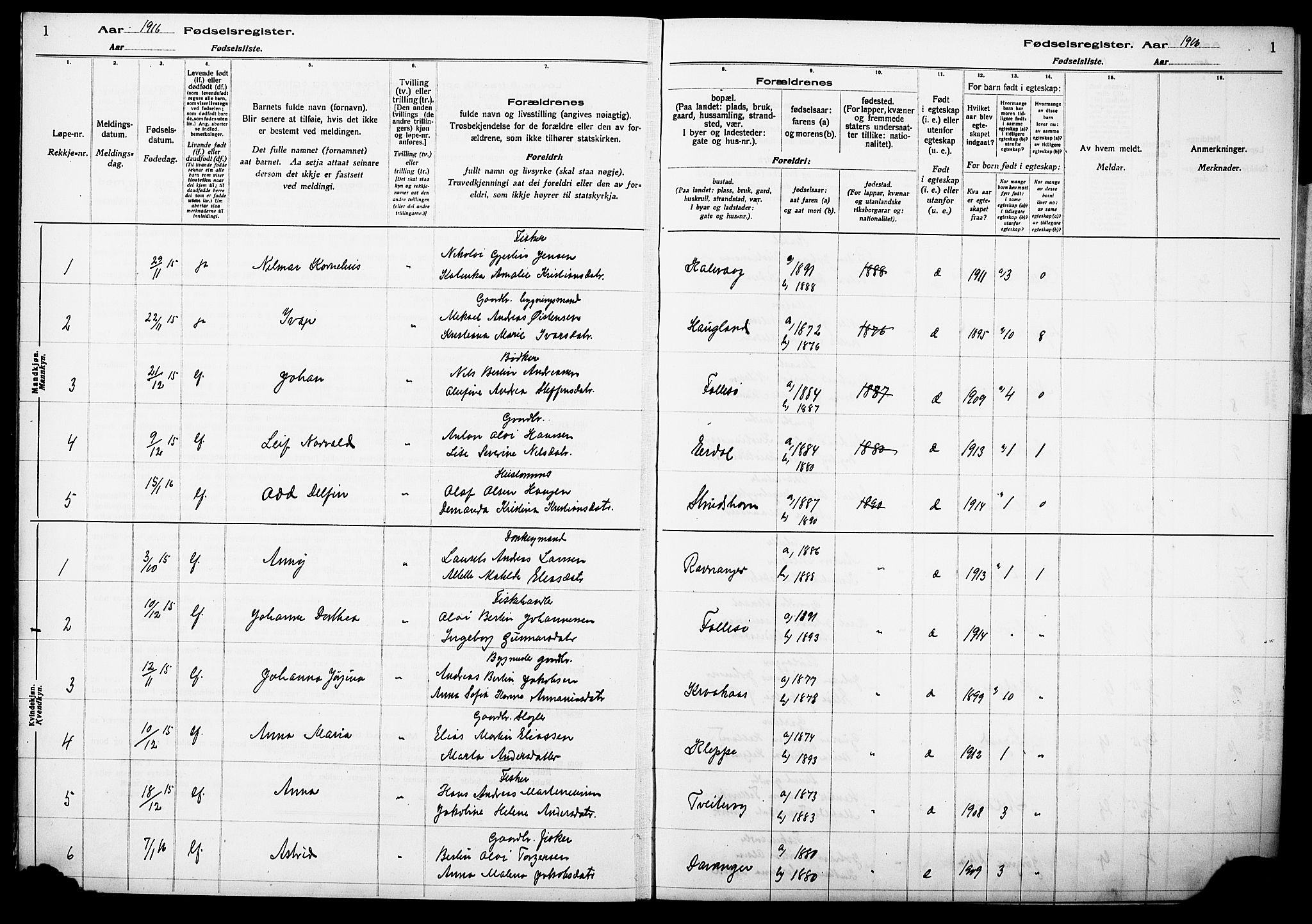 Askøy Sokneprestembete, AV/SAB-A-74101/I/Id/L00A1: Fødselsregister nr. A 1, 1916-1928, s. 1