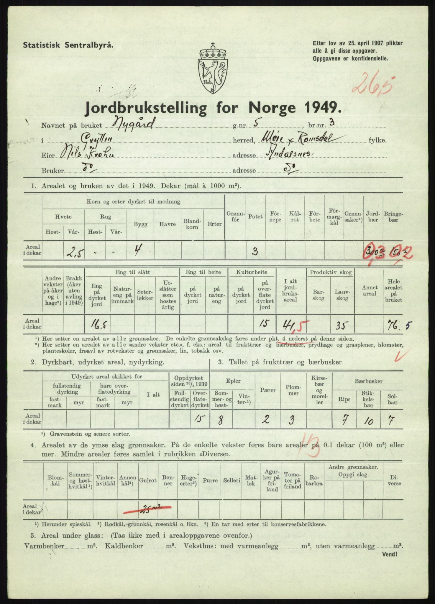 Statistisk sentralbyrå, Næringsøkonomiske emner, Jordbruk, skogbruk, jakt, fiske og fangst, AV/RA-S-2234/G/Gc/L0323: Møre og Romsdal: Grytten og Hen, 1949, s. 221