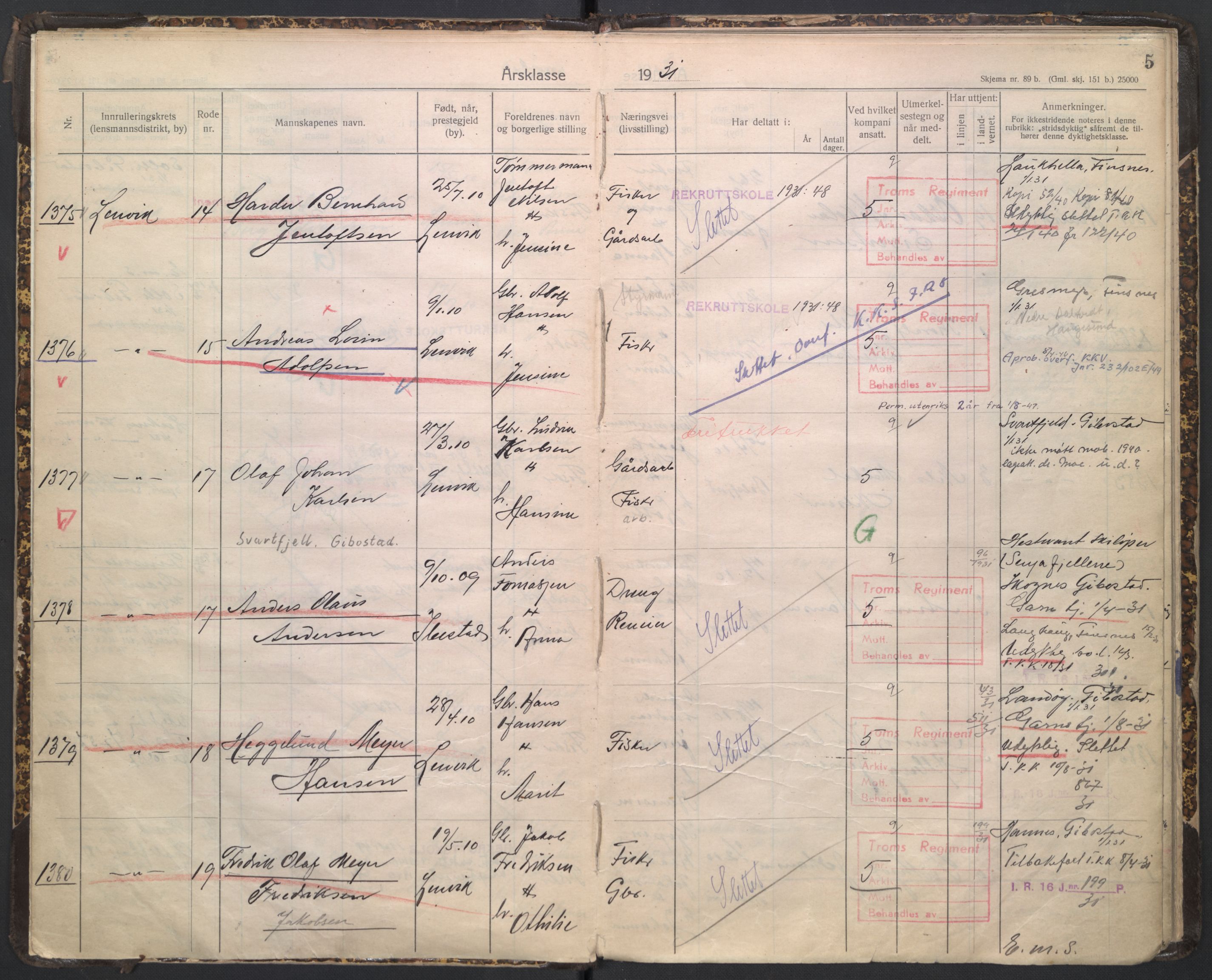 Forsvaret, Troms infanteriregiment nr. 16, AV/RA-RAFA-3146/P/Pa/L0005/0006: Ruller / Rulle for Bardu bataljons menige mannskaper, årsklasse 1931, 1931, s. 5