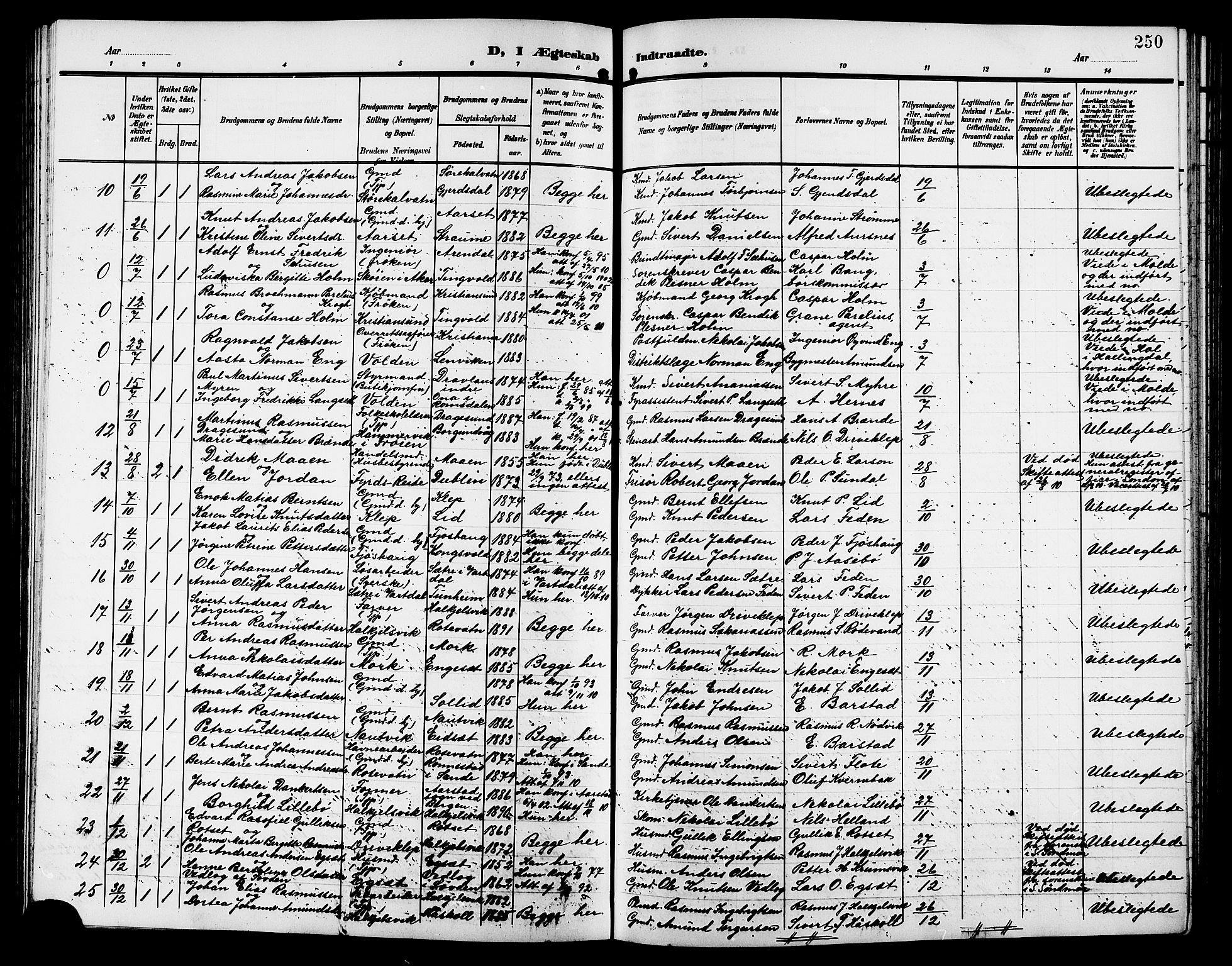 Ministerialprotokoller, klokkerbøker og fødselsregistre - Møre og Romsdal, AV/SAT-A-1454/511/L0159: Klokkerbok nr. 511C05, 1902-1920, s. 250