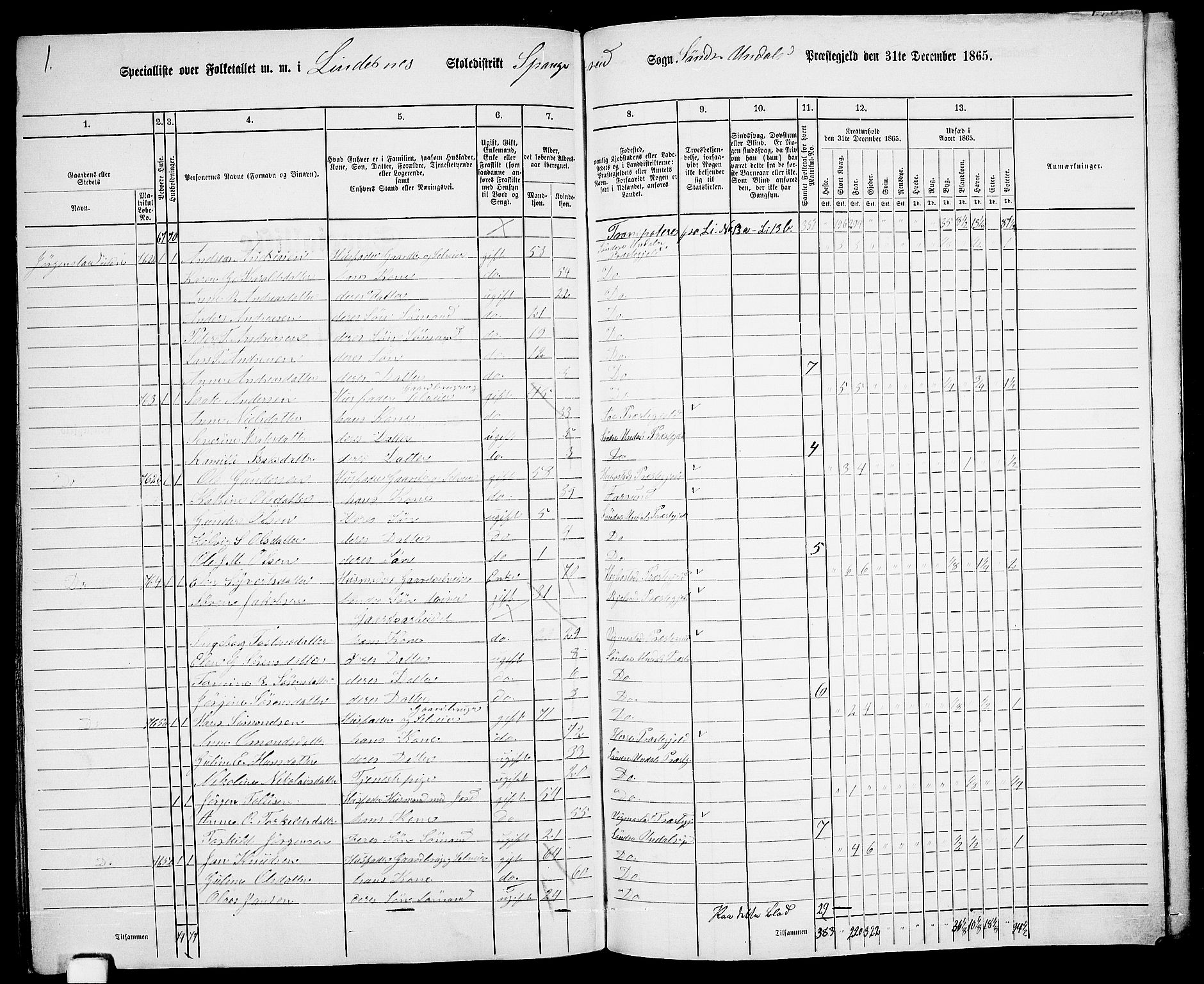 RA, Folketelling 1865 for 1029P Sør-Audnedal prestegjeld, 1865, s. 197