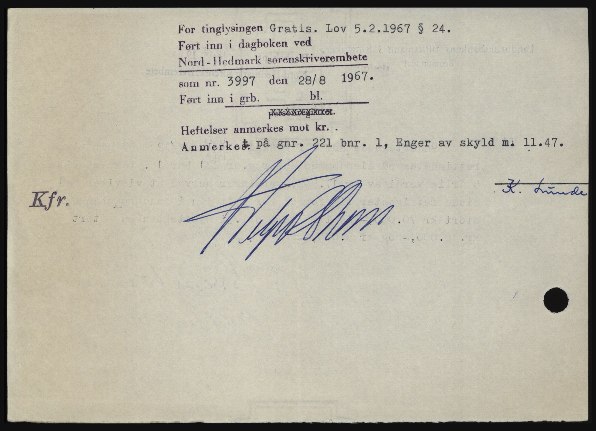Nord-Hedmark sorenskriveri, SAH/TING-012/H/Hc/L0026: Pantebok nr. 26, 1967-1967, Dagboknr: 3997/1967