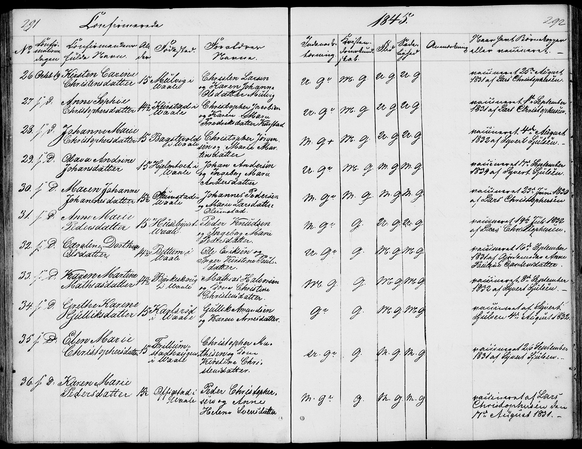 Våle kirkebøker, AV/SAKO-A-334/F/Fa/L0009a: Ministerialbok nr. I 9A, 1839-1860, s. 291-292