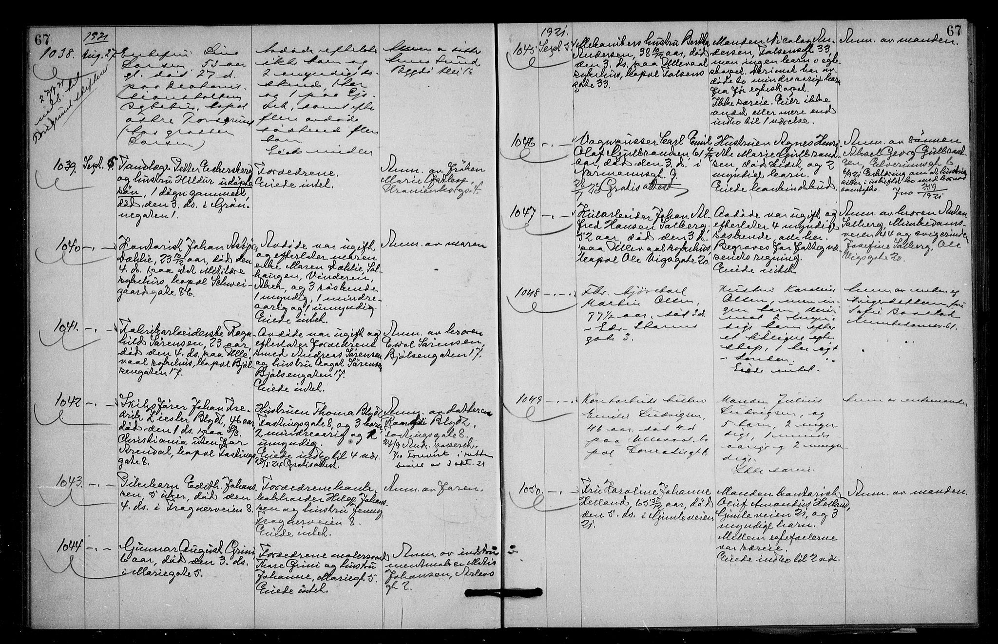Oslo skifterett, AV/SAO-A-10383/G/Ga/Gac/L0011: Dødsfallsprotokoll, 1921-1923, s. 67