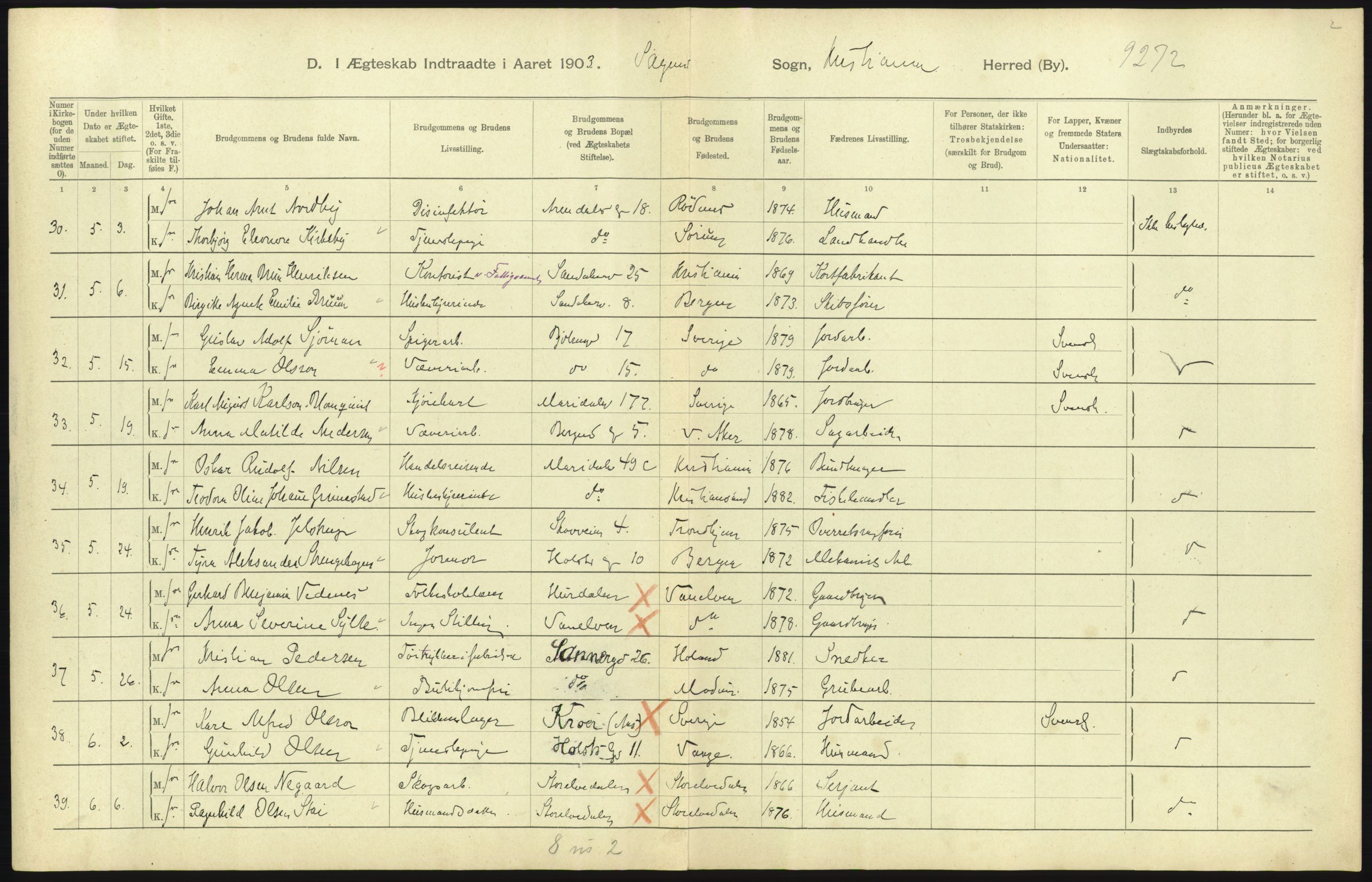 Statistisk sentralbyrå, Sosiodemografiske emner, Befolkning, RA/S-2228/D/Df/Dfa/Dfaa/L0004: Kristiania: Gifte, døde, 1903, s. 581