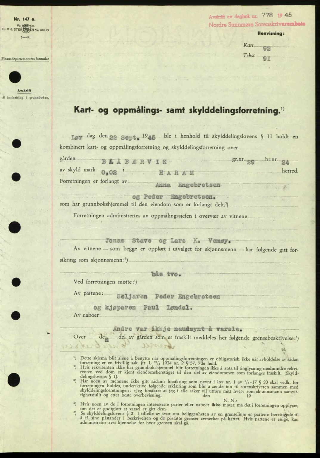 Nordre Sunnmøre sorenskriveri, SAT/A-0006/1/2/2C/2Ca: Pantebok nr. A20a, 1945-1945, Dagboknr: 778/1945