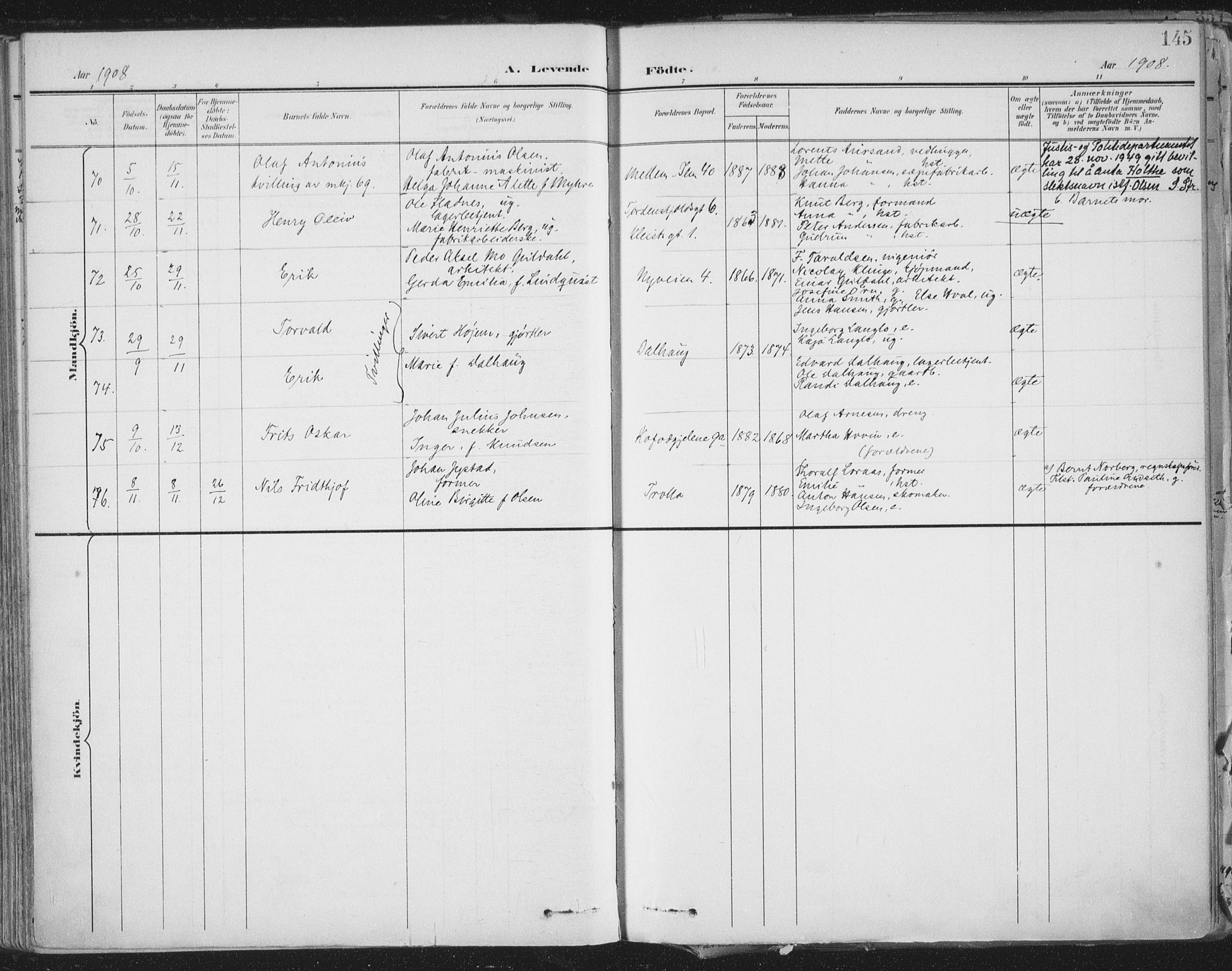 Ministerialprotokoller, klokkerbøker og fødselsregistre - Sør-Trøndelag, SAT/A-1456/603/L0167: Ministerialbok nr. 603A06, 1896-1932, s. 145