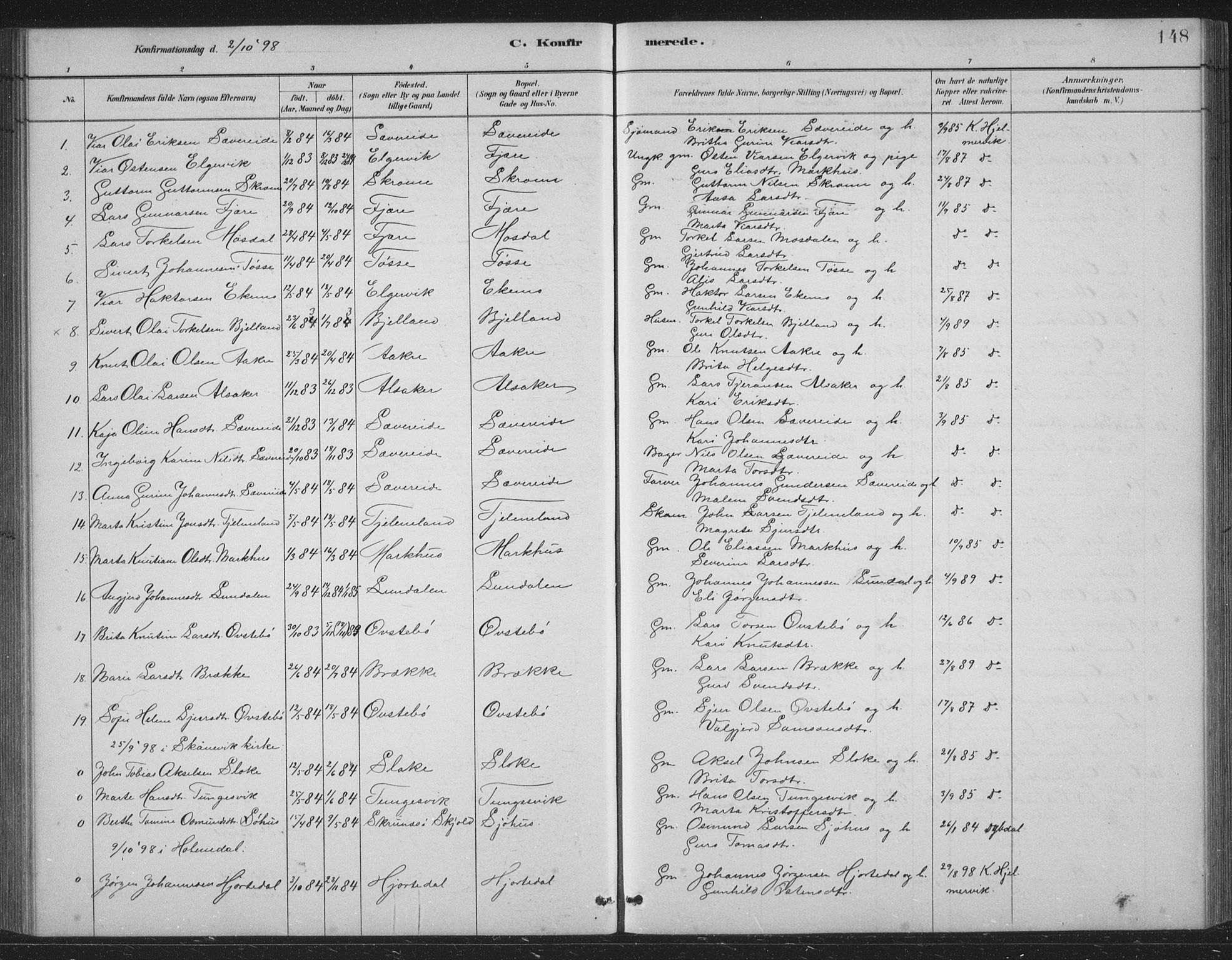 Skånevik sokneprestembete, AV/SAB-A-77801/H/Hab: Klokkerbok nr. B 2, 1881-1920, s. 148