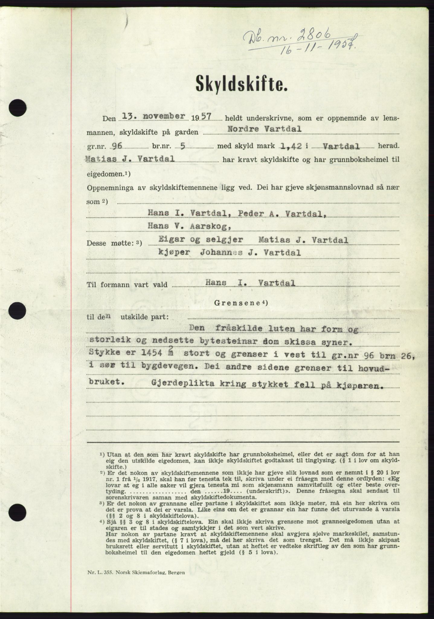 Søre Sunnmøre sorenskriveri, AV/SAT-A-4122/1/2/2C/L0108: Pantebok nr. 34A, 1957-1958, Dagboknr: 2806/1957