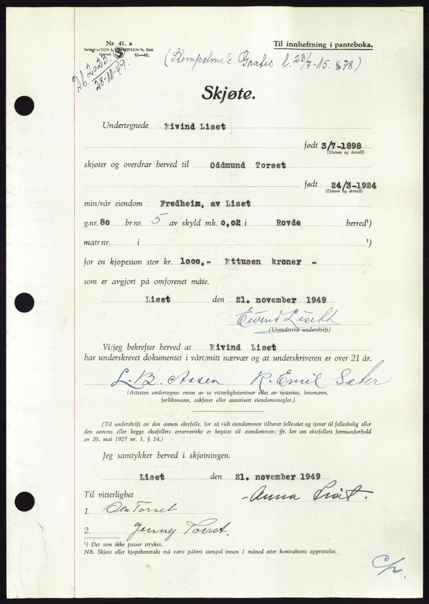 Søre Sunnmøre sorenskriveri, SAT/A-4122/1/2/2C/L0085: Pantebok nr. 11A, 1949-1949, Dagboknr: 2023/1949