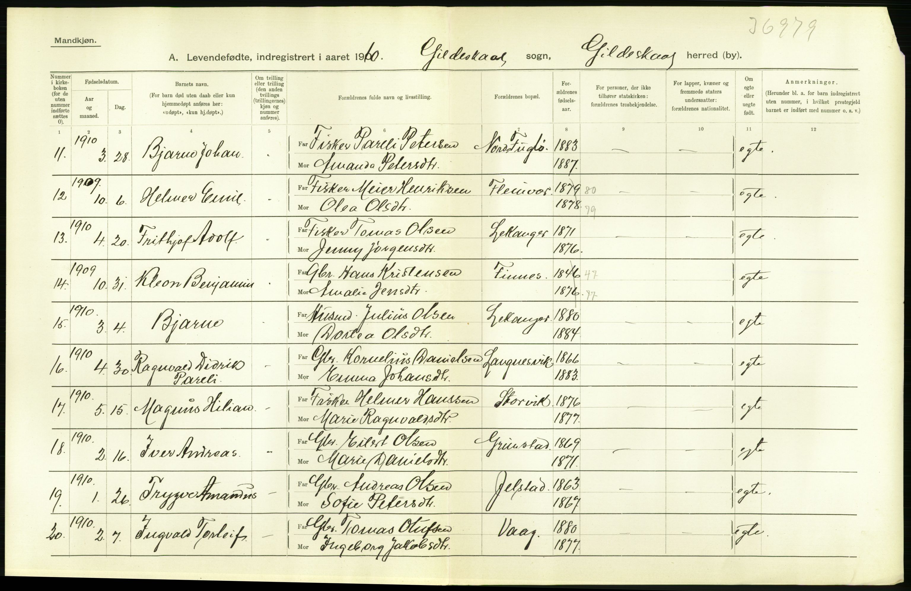 Statistisk sentralbyrå, Sosiodemografiske emner, Befolkning, AV/RA-S-2228/D/Df/Dfa/Dfah/L0040: Nordlands amt: Levendefødte menn og kvinner. Bygder., 1910, s. 10