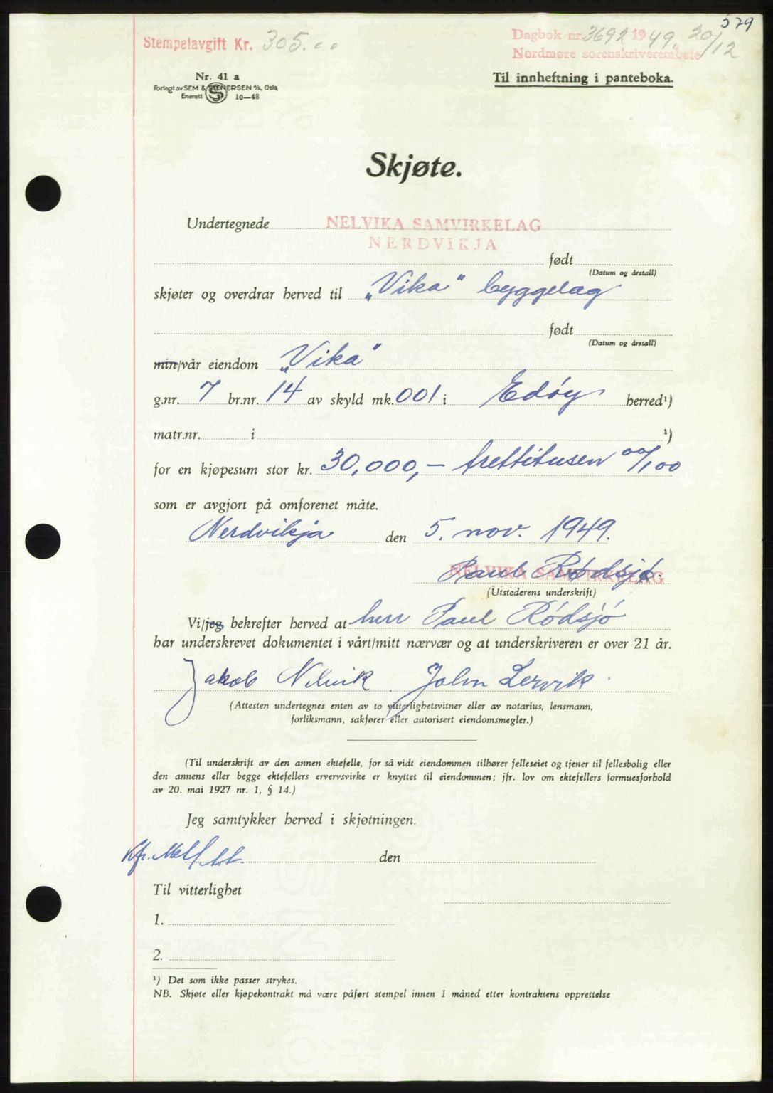 Nordmøre sorenskriveri, AV/SAT-A-4132/1/2/2Ca: Pantebok nr. A113, 1949-1950, Dagboknr: 3692/1949