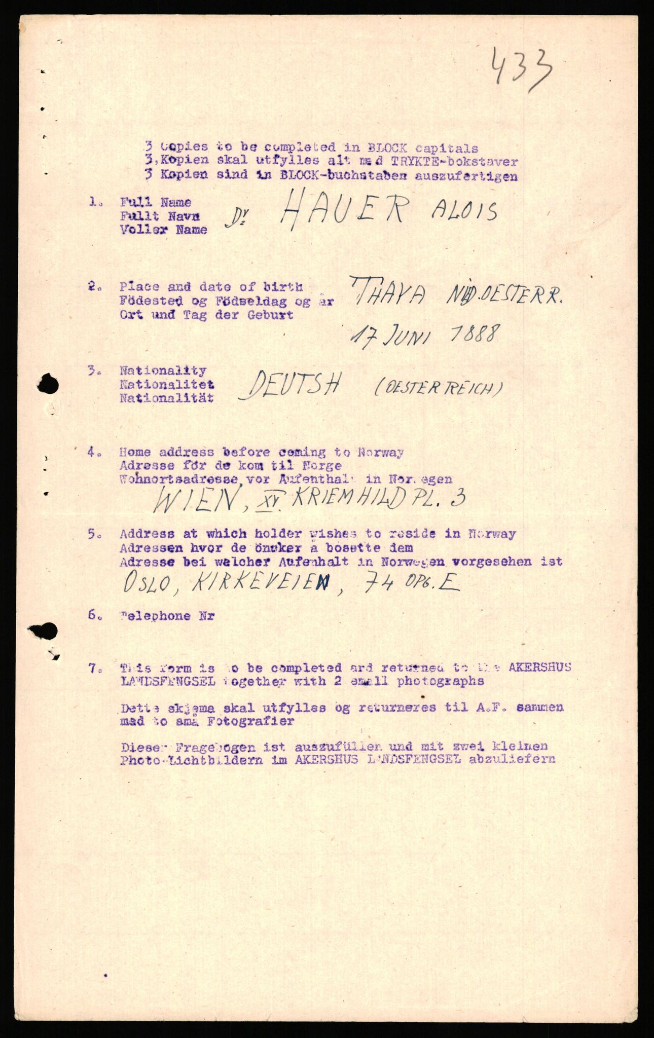 Forsvaret, Forsvarets overkommando II, RA/RAFA-3915/D/Db/L0038: CI Questionaires. Tyske okkupasjonsstyrker i Norge. Østerrikere., 1945-1946, s. 427