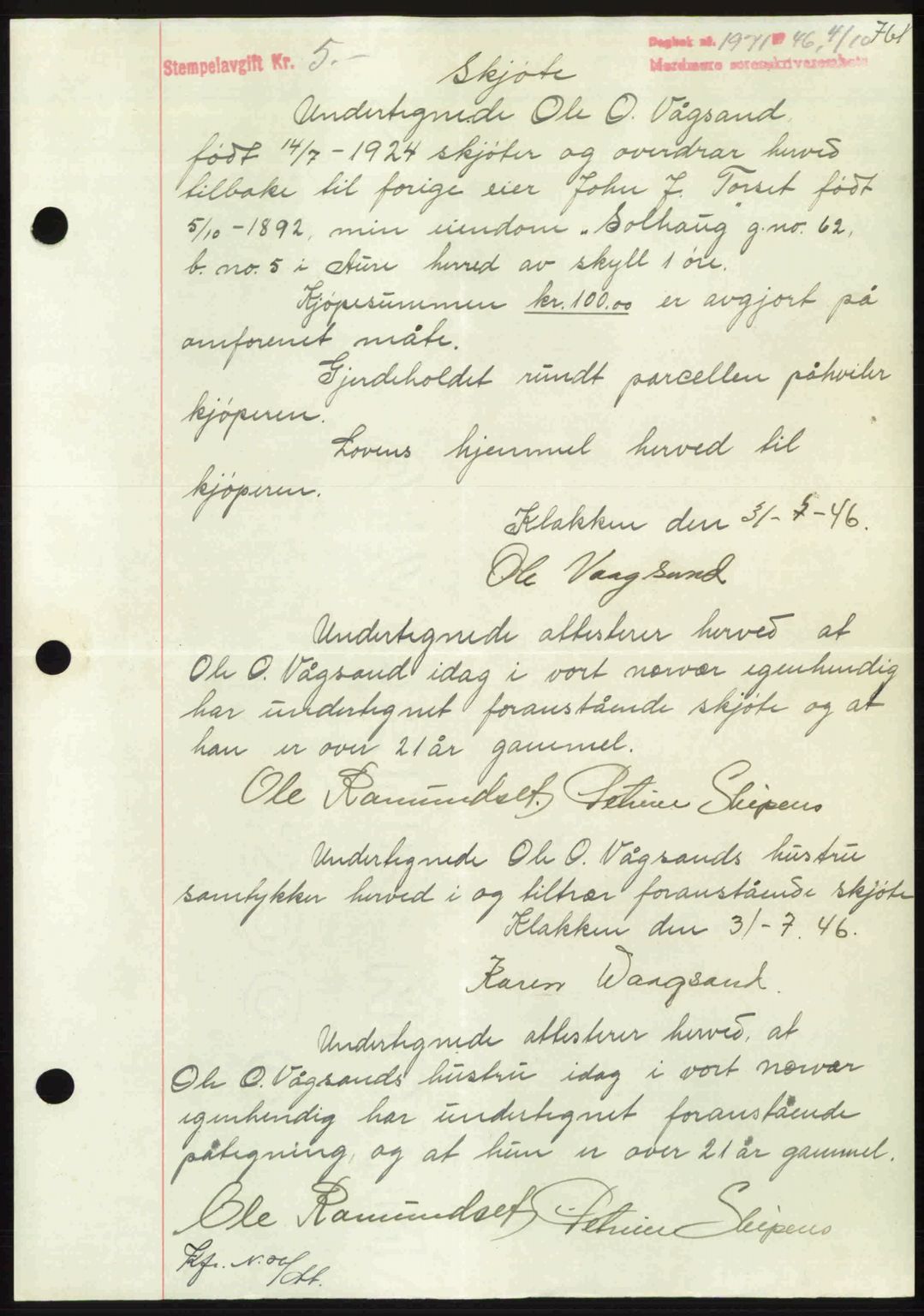 Nordmøre sorenskriveri, SAT/A-4132/1/2/2Ca: Pantebok nr. A102, 1946-1946, Dagboknr: 1971/1946