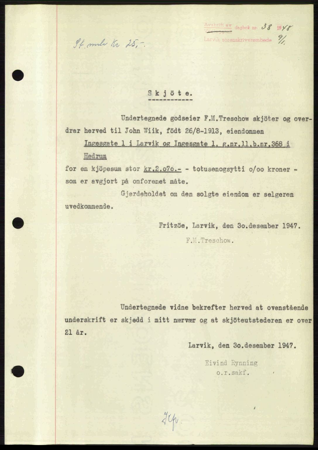 Larvik sorenskriveri, SAKO/A-83/G/Ga/Gab/L0085: Pantebok nr. A-19, 1947-1948, Dagboknr: 38/1948