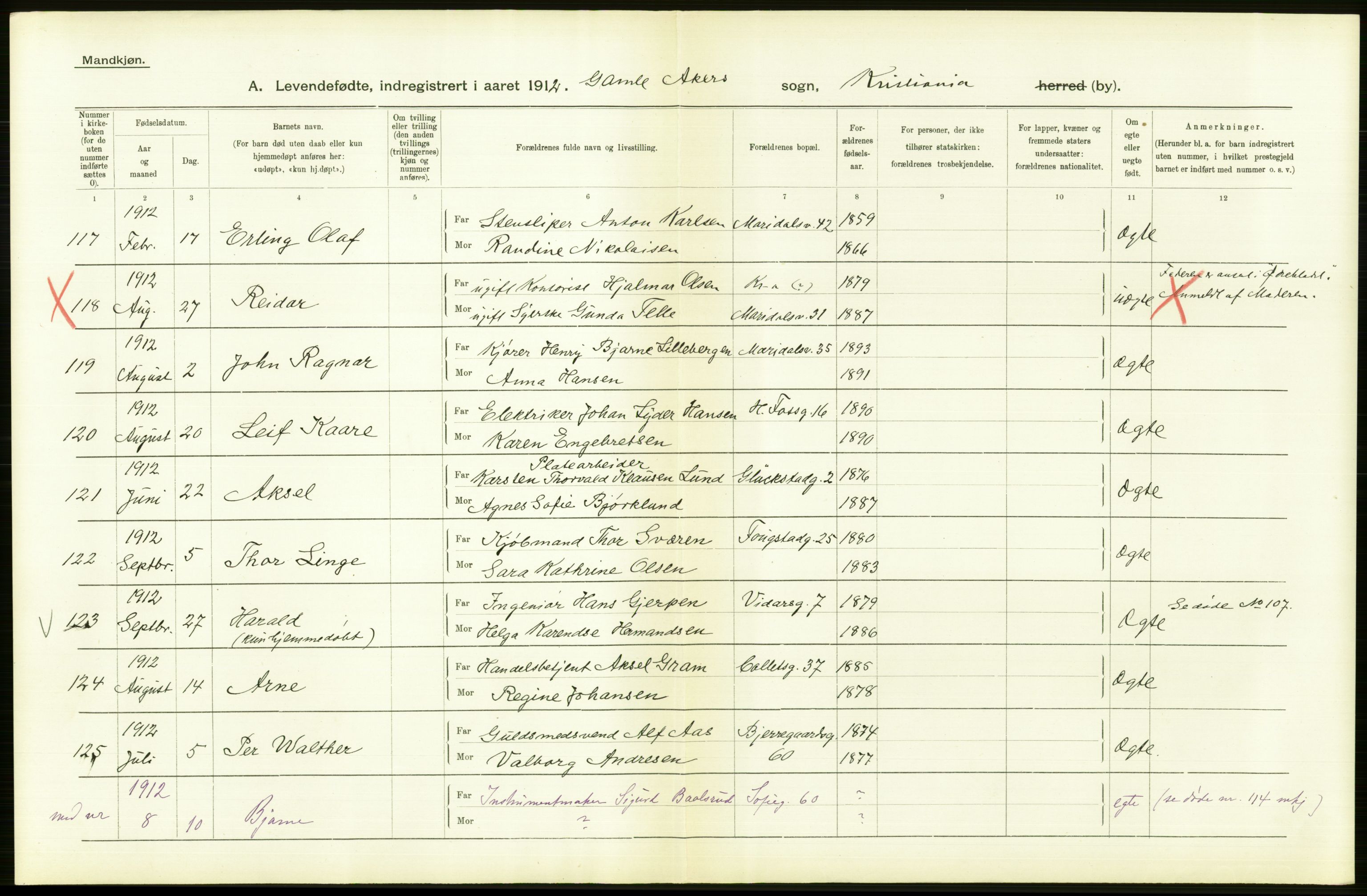 Statistisk sentralbyrå, Sosiodemografiske emner, Befolkning, RA/S-2228/D/Df/Dfb/Dfbb/L0007: Kristiania:  Levendefødte menn og kvinner., 1912, s. 500