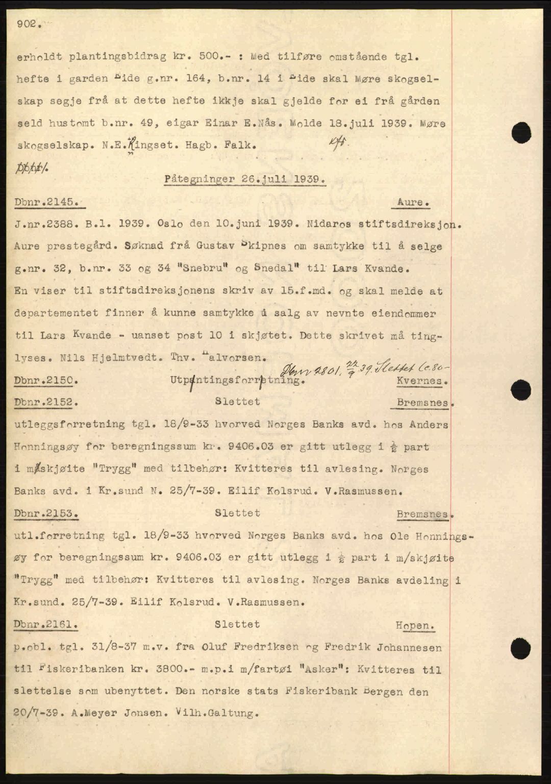Nordmøre sorenskriveri, SAT/A-4132/1/2/2Ca: Pantebok nr. C80, 1936-1939, Dagboknr: 2145/1939