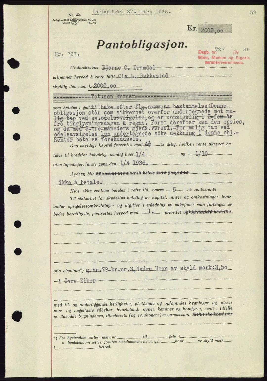 Eiker, Modum og Sigdal sorenskriveri, SAKO/A-123/G/Ga/Gab/L0032: Pantebok nr. A2, 1936-1936, Dagboknr: 727/1936
