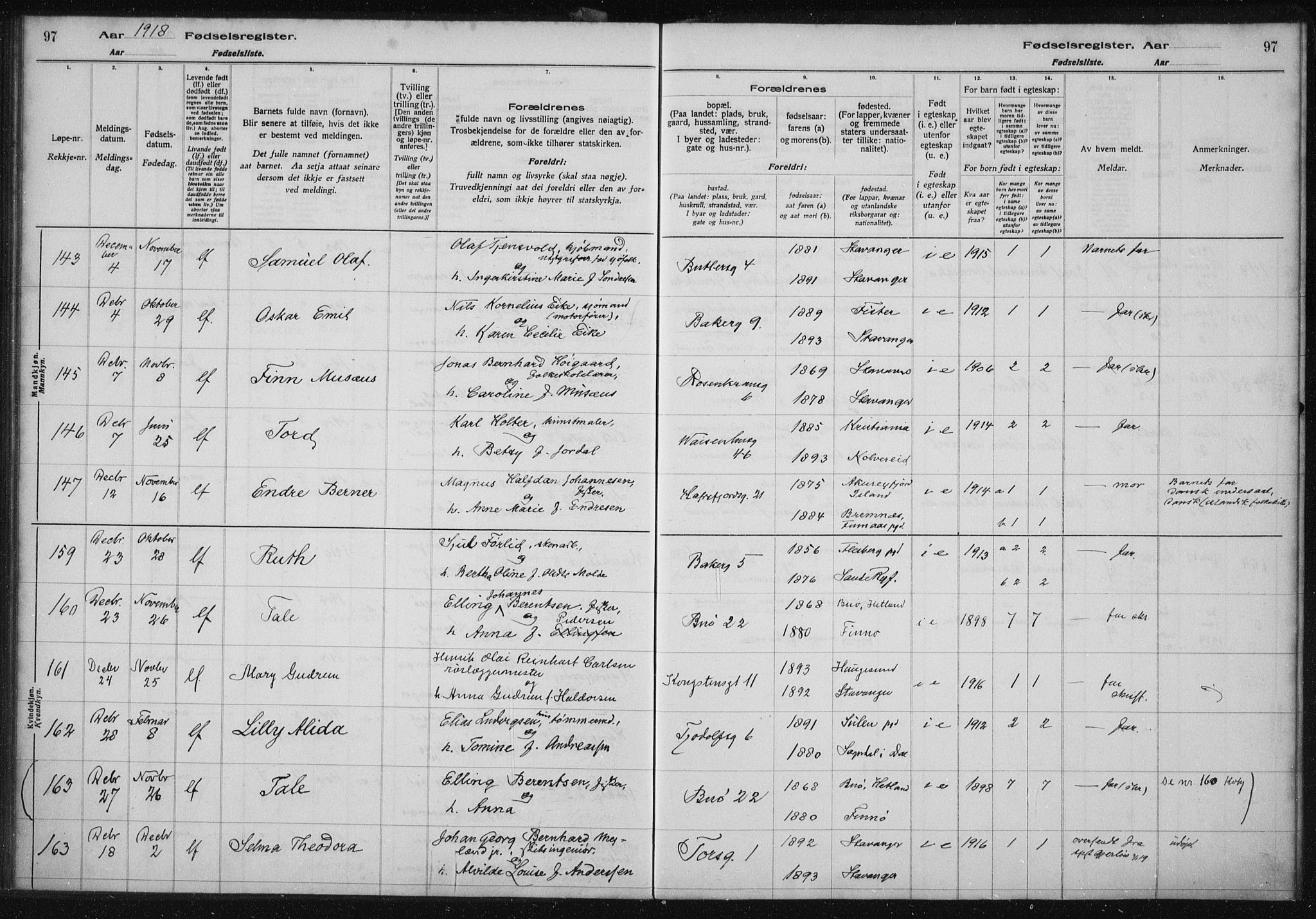 St. Petri sokneprestkontor, AV/SAST-A-101813/002/A/L0001: Fødselsregister nr. 1, 1916-1922, s. 97