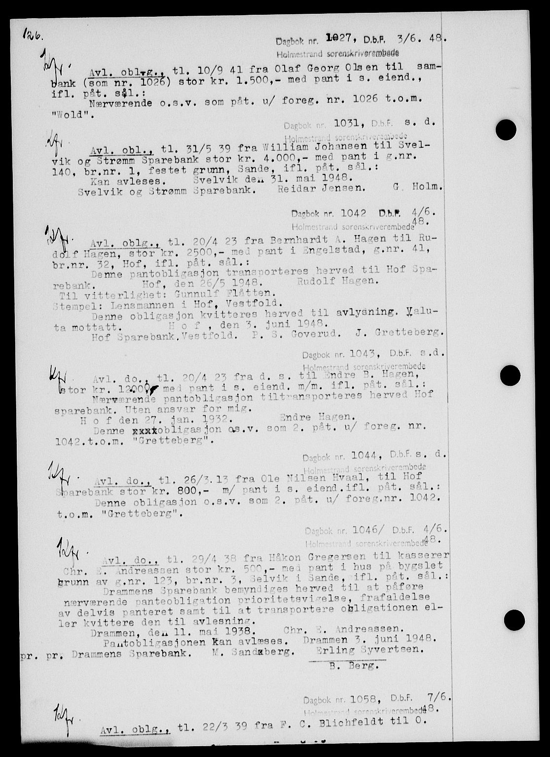 Holmestrand sorenskriveri, SAKO/A-67/G/Ga/Gab/L0058: Pantebok nr. B-58, 1947-1948, s. 126, Dagboknr: 1027/1948