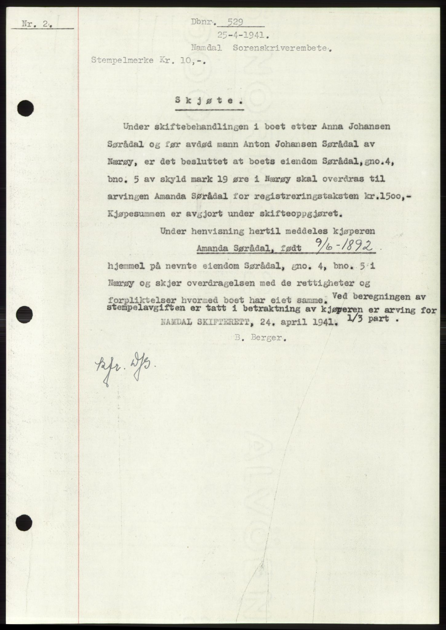 Namdal sorenskriveri, SAT/A-4133/1/2/2C: Pantebok nr. -, 1940-1941, Tingl.dato: 25.04.1941