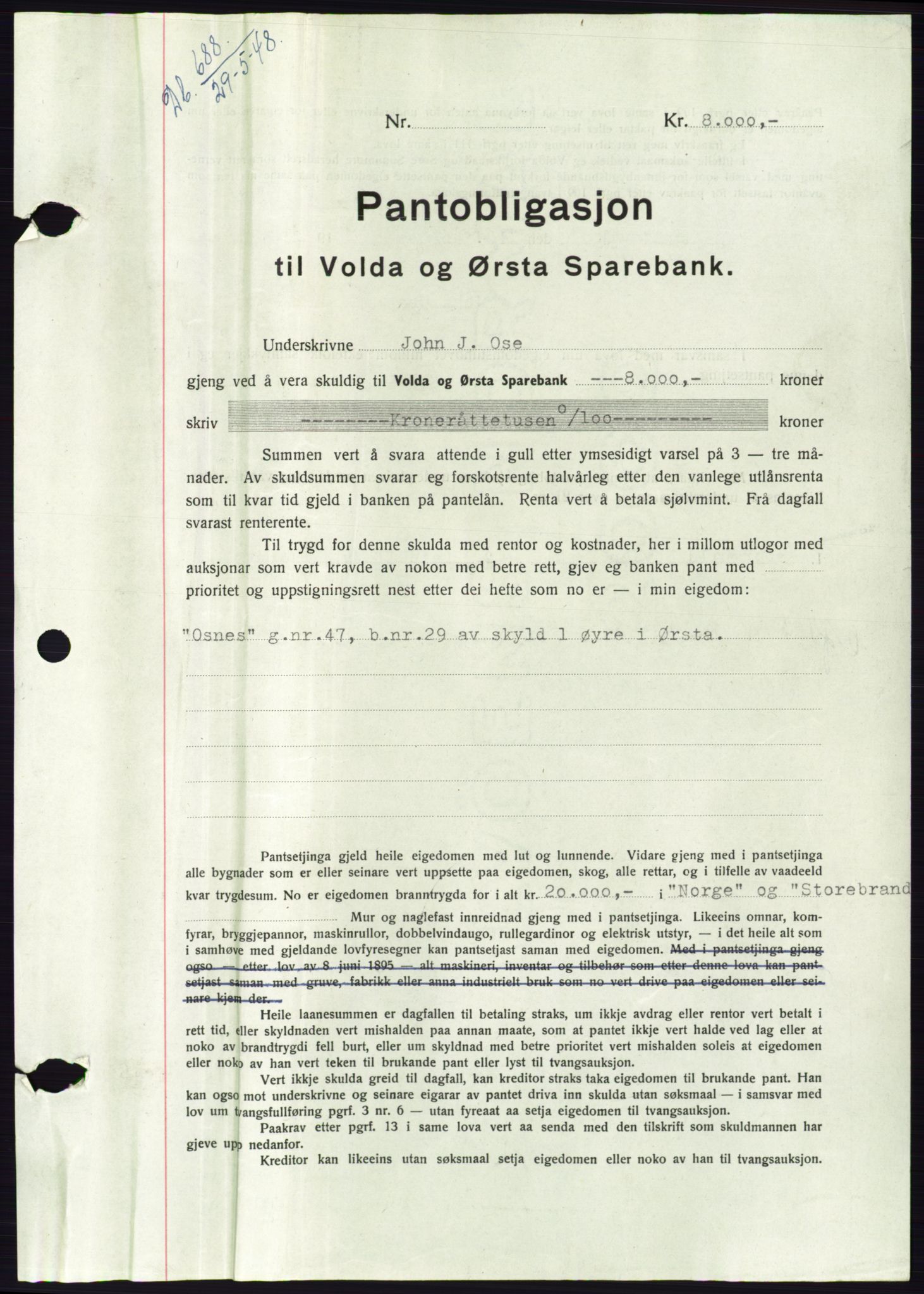 Søre Sunnmøre sorenskriveri, AV/SAT-A-4122/1/2/2C/L0116: Pantebok nr. 4B, 1948-1949, Dagboknr: 688/1948