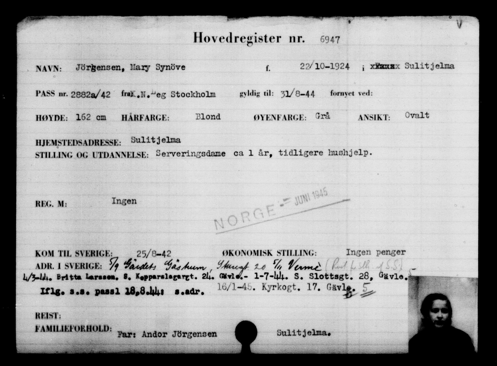 Utenriksstasjonene, Legasjonen i Stockholm, Flyktningkontoret, AV/RA-S-6753/V/Va/L0005: Kjesäterkartoteket, flyktning nr. 6600-9417, 1940-1945, s. 424
