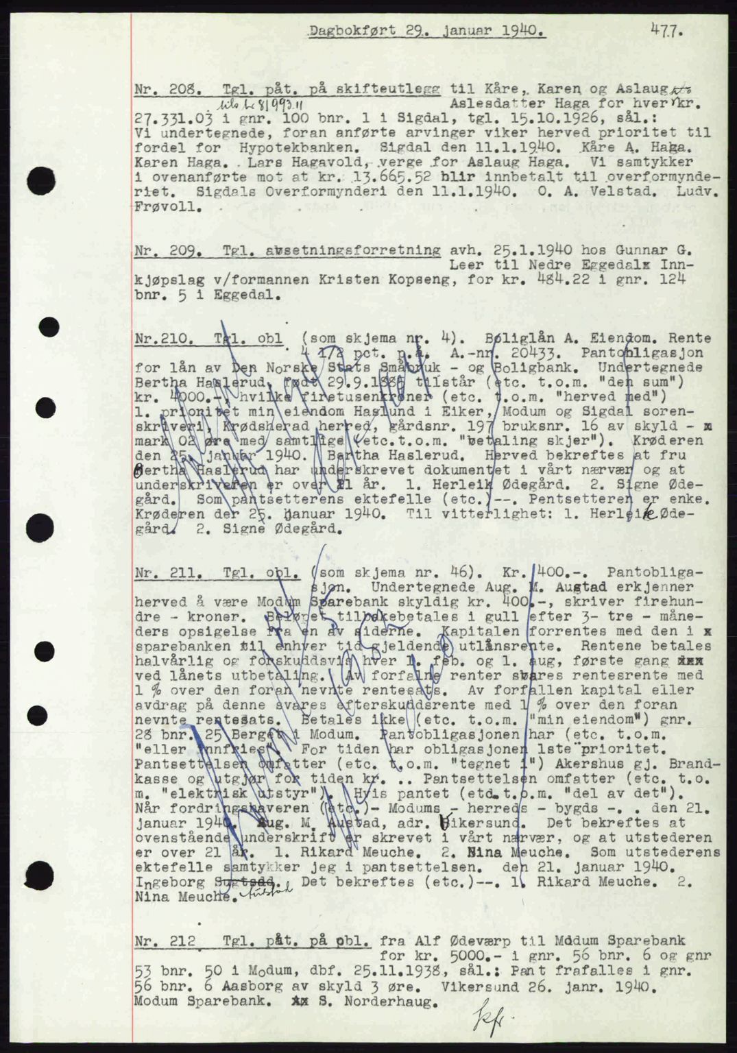 Eiker, Modum og Sigdal sorenskriveri, SAKO/A-123/G/Ga/Gab/L0041: Pantebok nr. A11, 1939-1940, Dagboknr: 208/1940