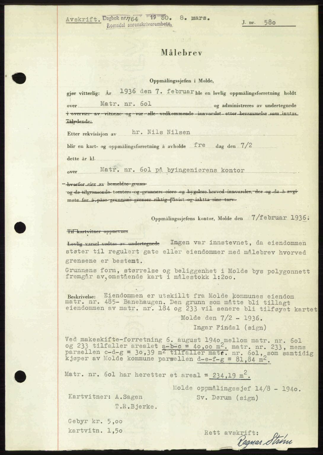 Romsdal sorenskriveri, SAT/A-4149/1/2/2C: Pantebok nr. A32, 1950-1950, Dagboknr: 764/1950