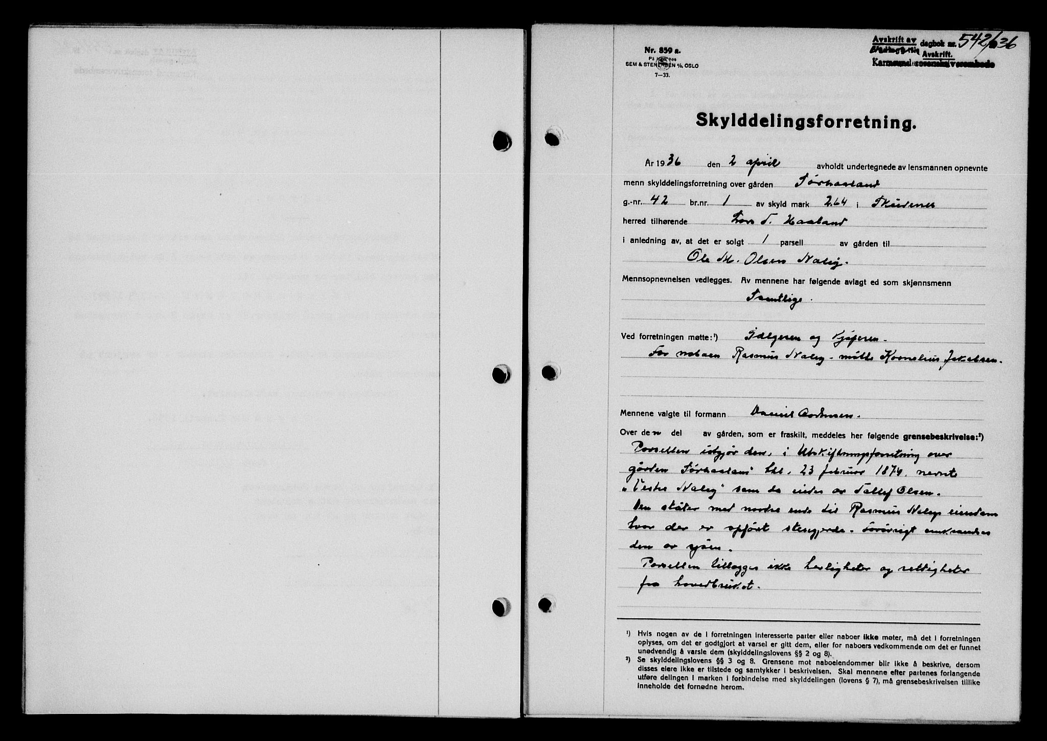 Karmsund sorenskriveri, SAST/A-100311/01/II/IIB/L0066: Pantebok nr. 47A, 1936-1936, Dagboknr: 542/1936