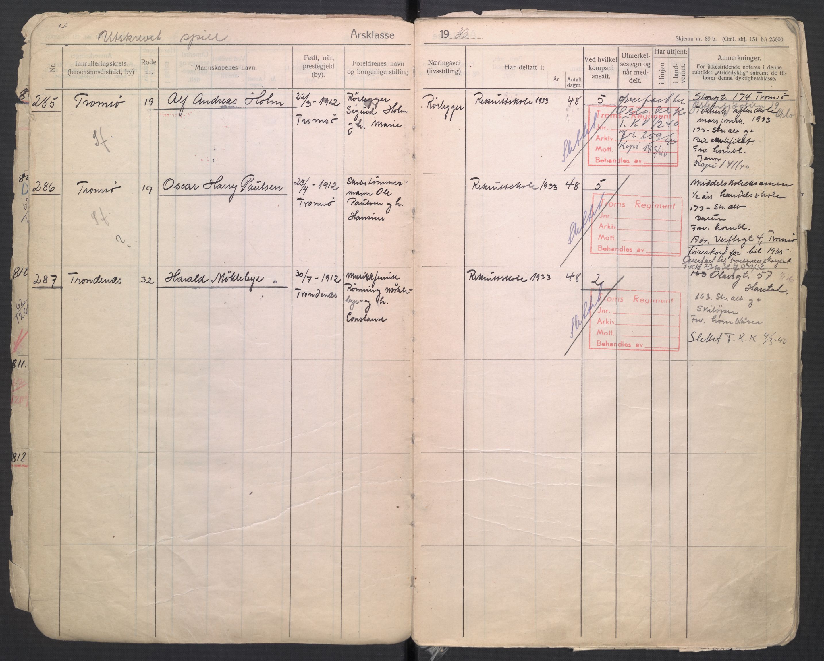 Forsvaret, Troms infanteriregiment nr. 16, AV/RA-RAFA-3146/P/Pa/L0006/0004: Ruller / Rulle for Trondenes bataljons menige mannskaper, årsklasse 1933, 1933