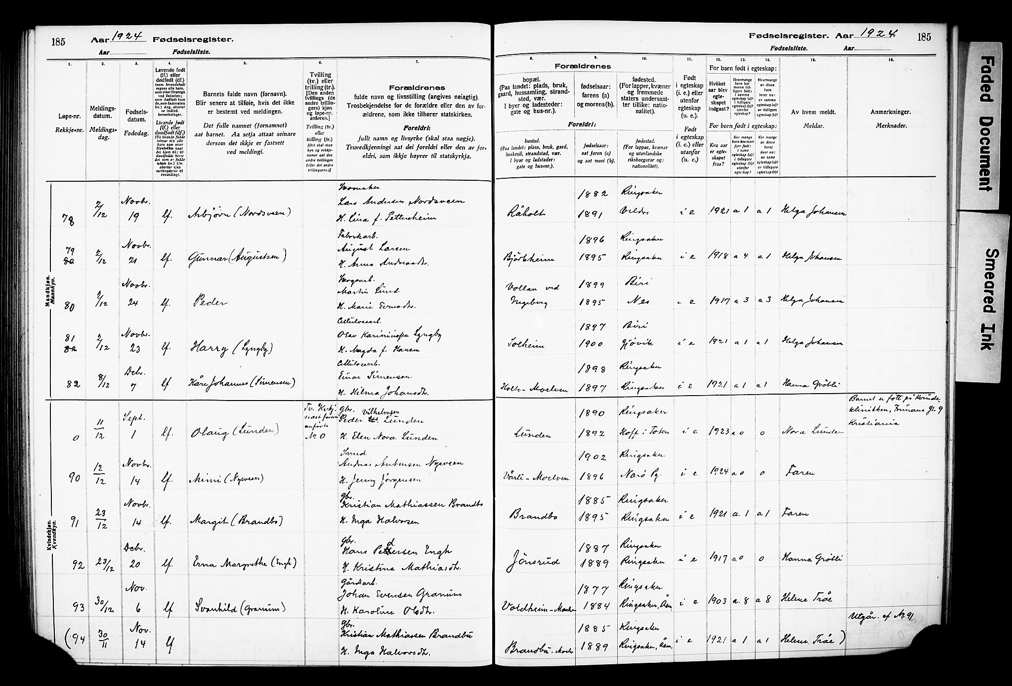 Ringsaker prestekontor, AV/SAH-PREST-014/O/Oa/L0001: Fødselsregister nr. 1, 1916-1925, s. 185