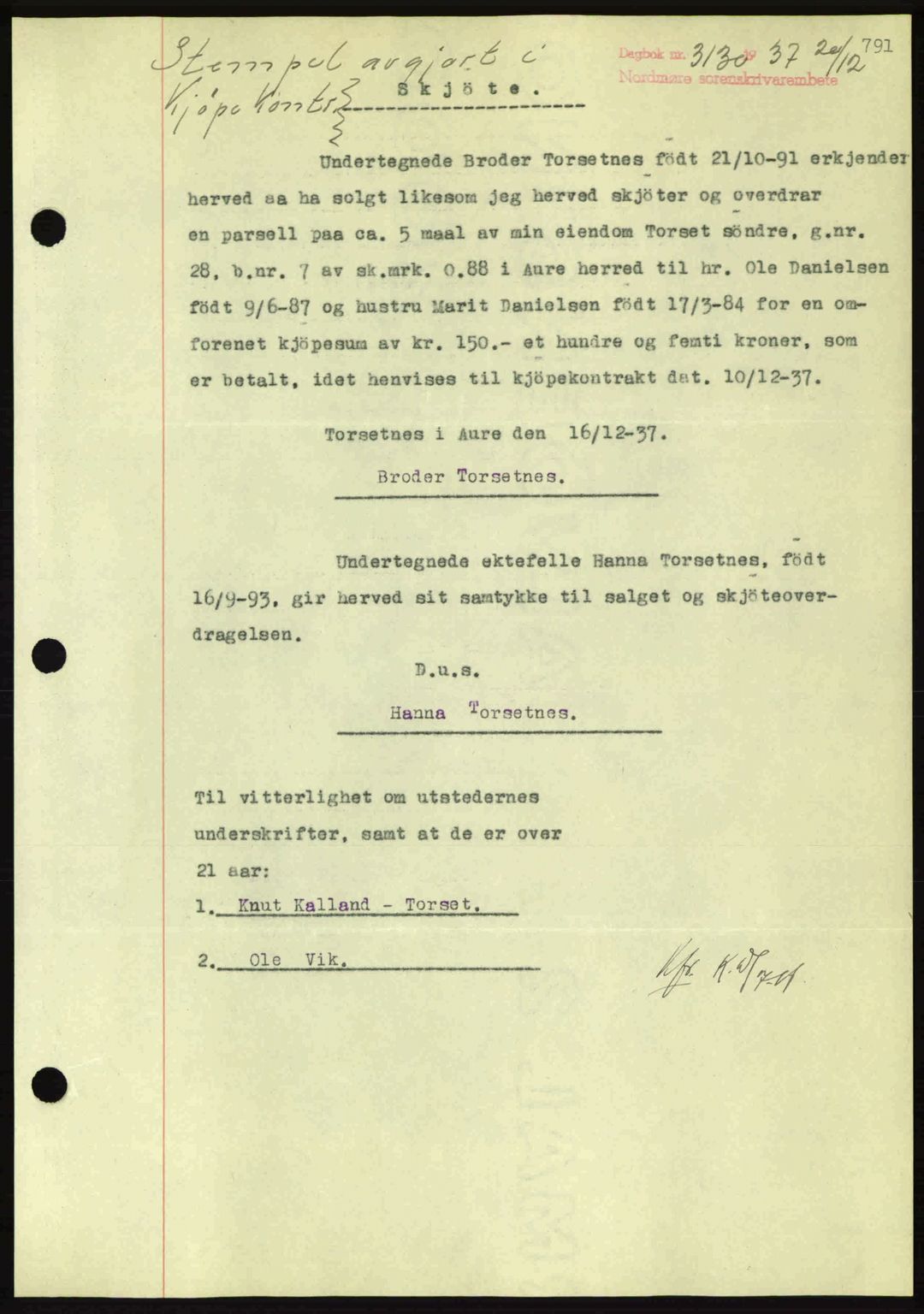 Nordmøre sorenskriveri, SAT/A-4132/1/2/2Ca: Pantebok nr. A82, 1937-1938, Dagboknr: 3130/1937